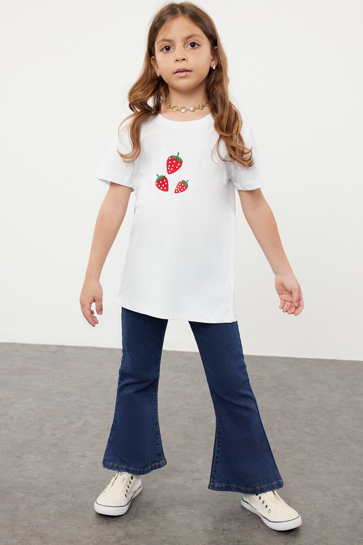 Girls' White Mini Strawberry Cotton T-Shirt