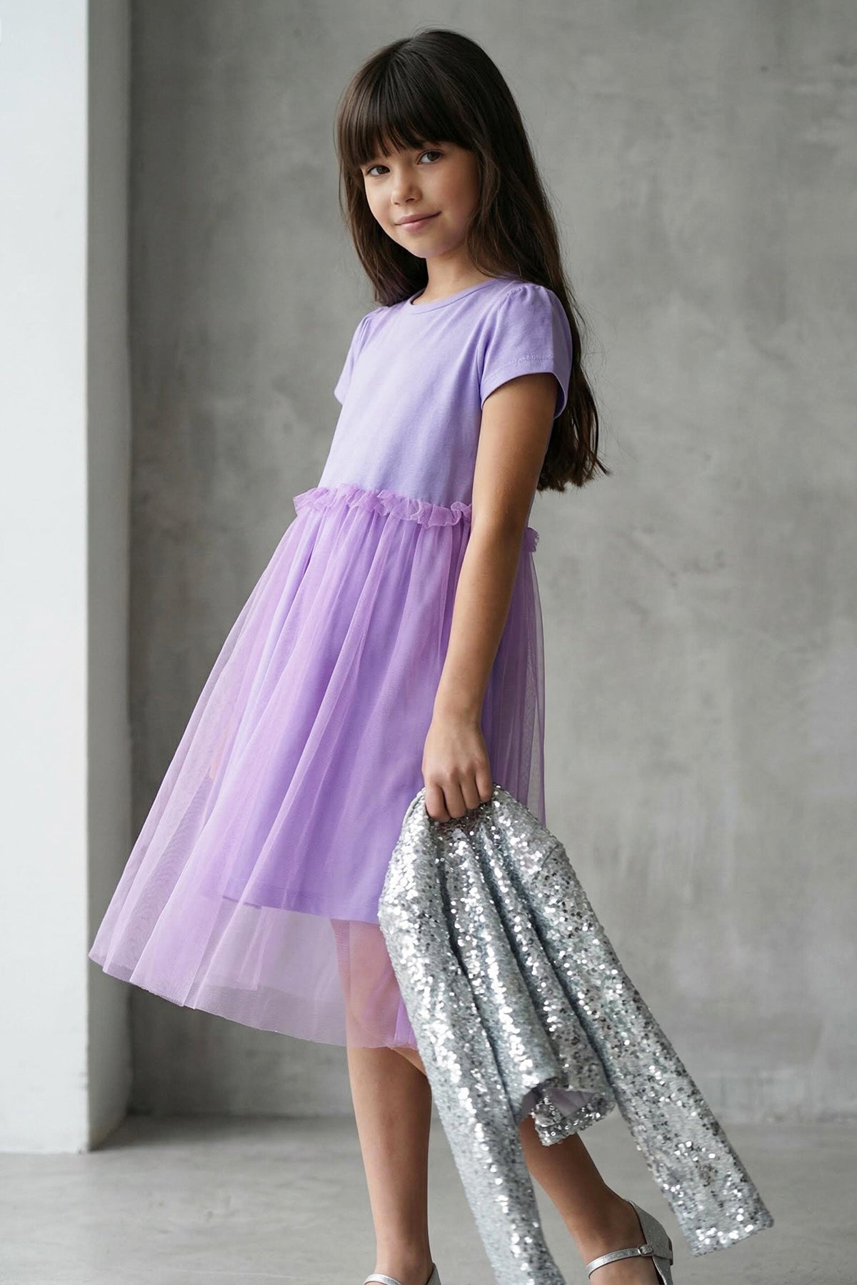 Girls' Lilac Cotton Short-Sleeve Tutu Mini Dress