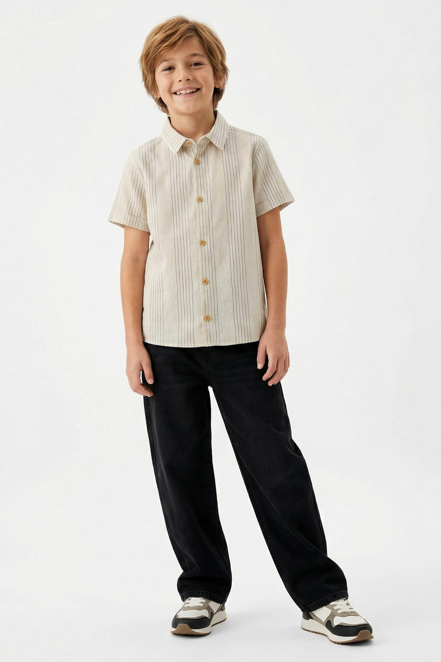 Boys' Ecru Striped Cotton Short-Sleeve Shirt