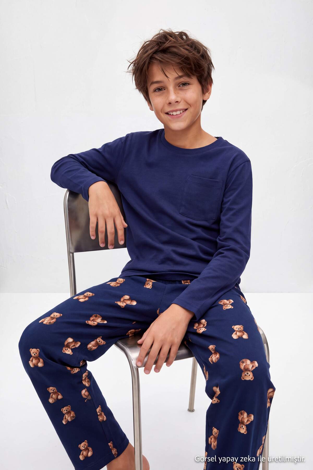 Boys' Navy Pyjama Set with Teddy-Print Trousers