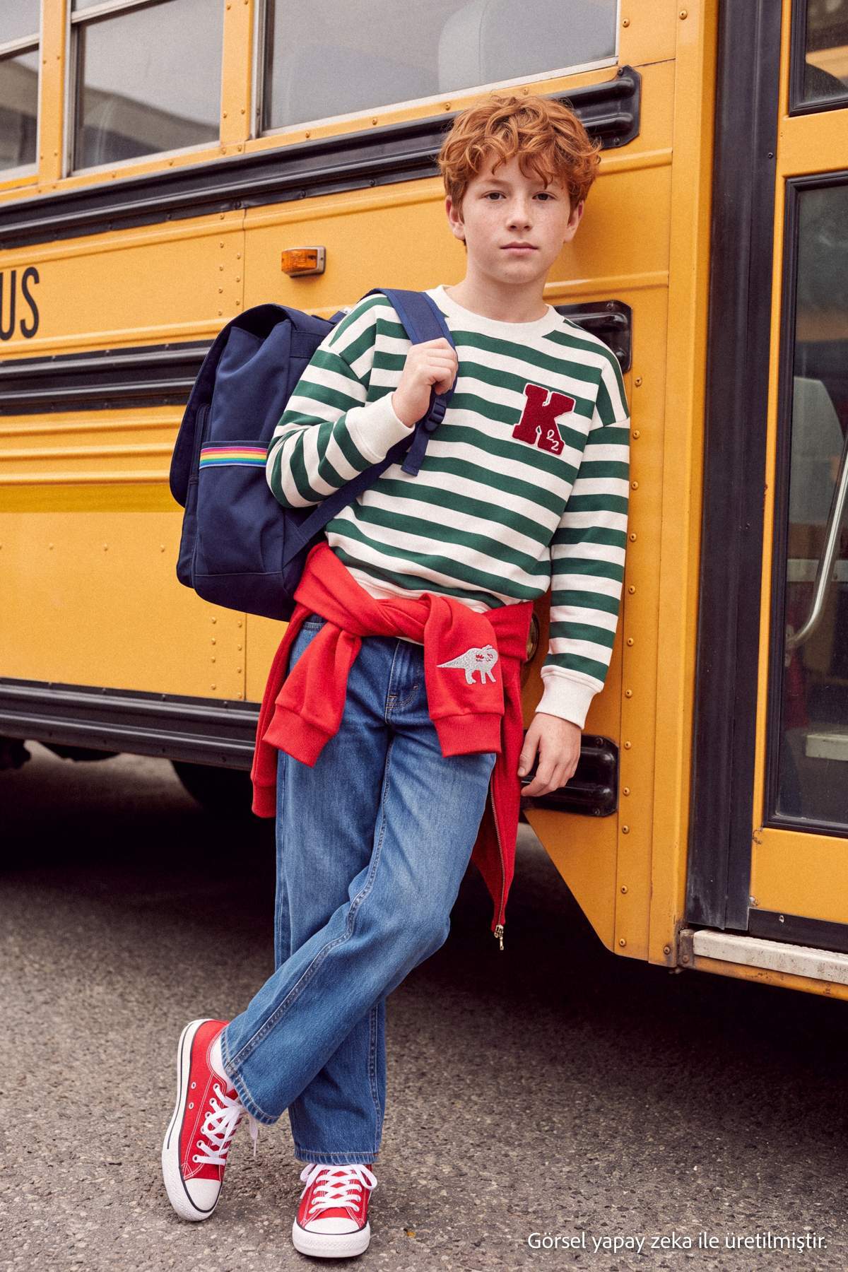 Boys' Green Striped Embroidered Thick Sweatshirt