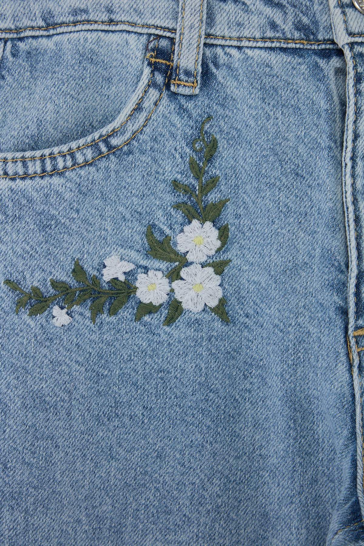 Girls' Blue Star-Print Wide-Leg Denim Trousers