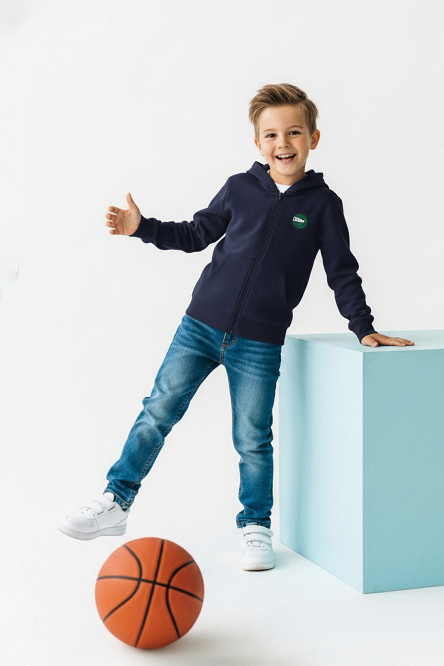 Boys' Navy Printed Cotton Zip-Up Hoodie