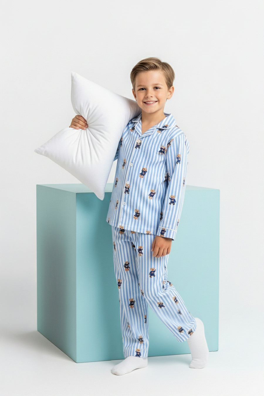 Kids' Blue Soft-Touch Patterned Shirt-Collar Pyjama Set