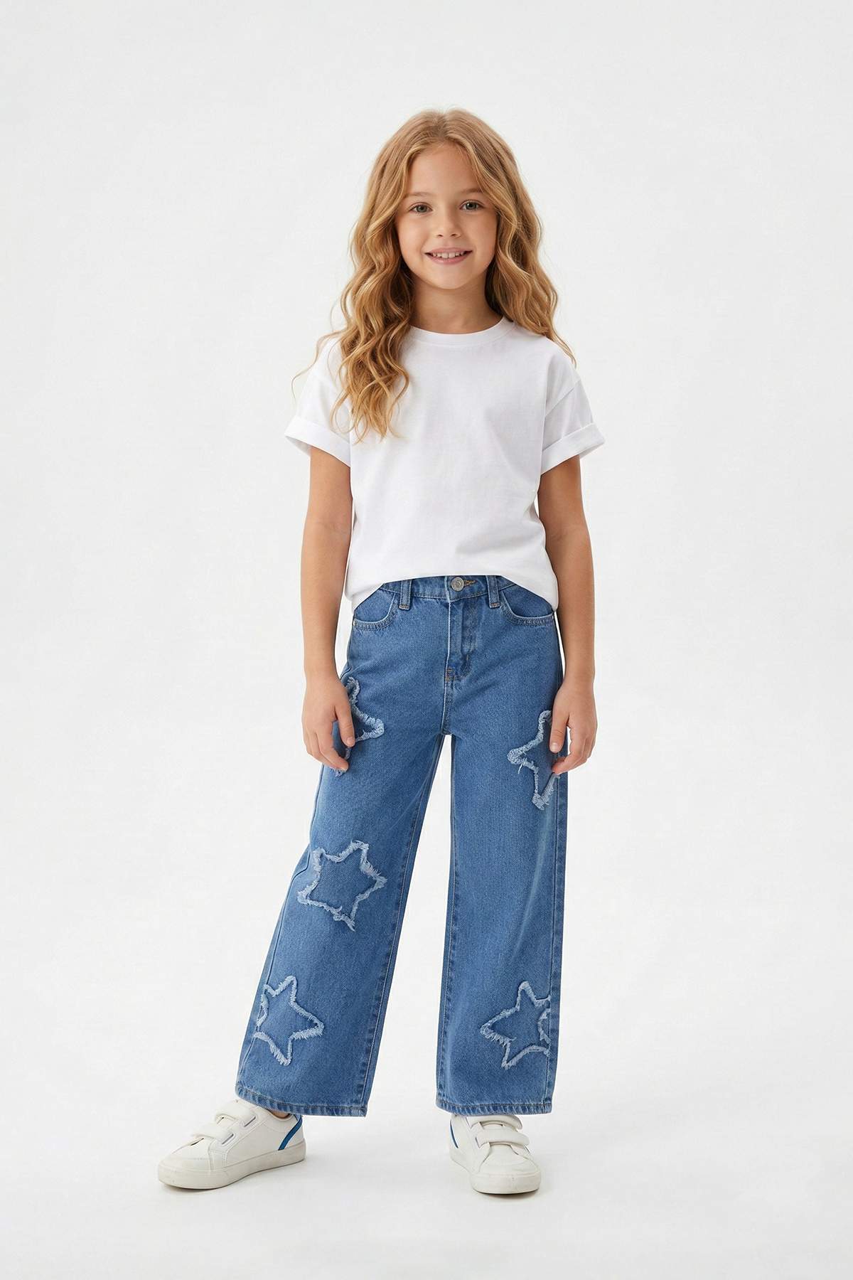 Girls' Blue Star-Print Wide-Leg Denim Trousers