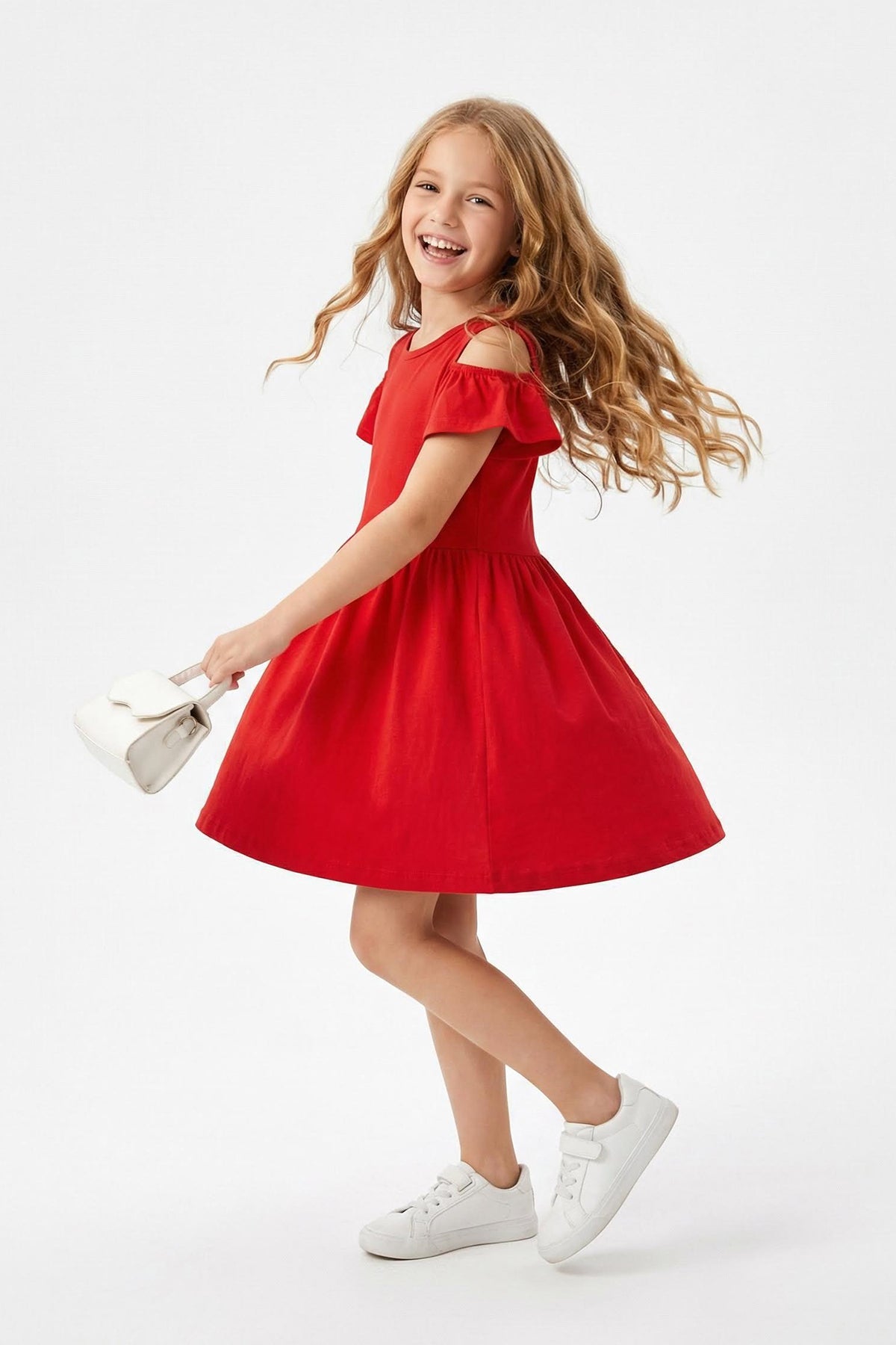 Girls' Red Cut-Out Shoulder Cotton Jersey Dress
