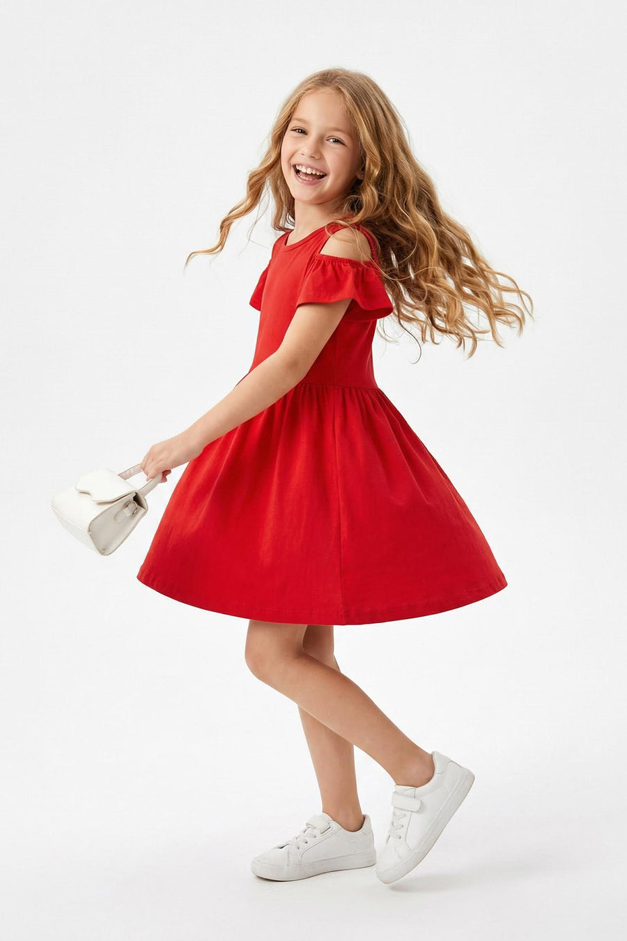Girls' Red Cut-Out Shoulder Cotton Jersey Dress