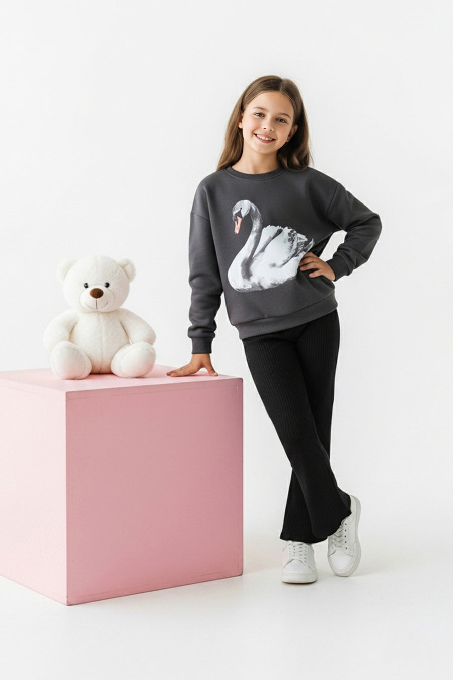 Girls' Charcoal Swan-Print Fleece-Lined Sweatshirt Set
