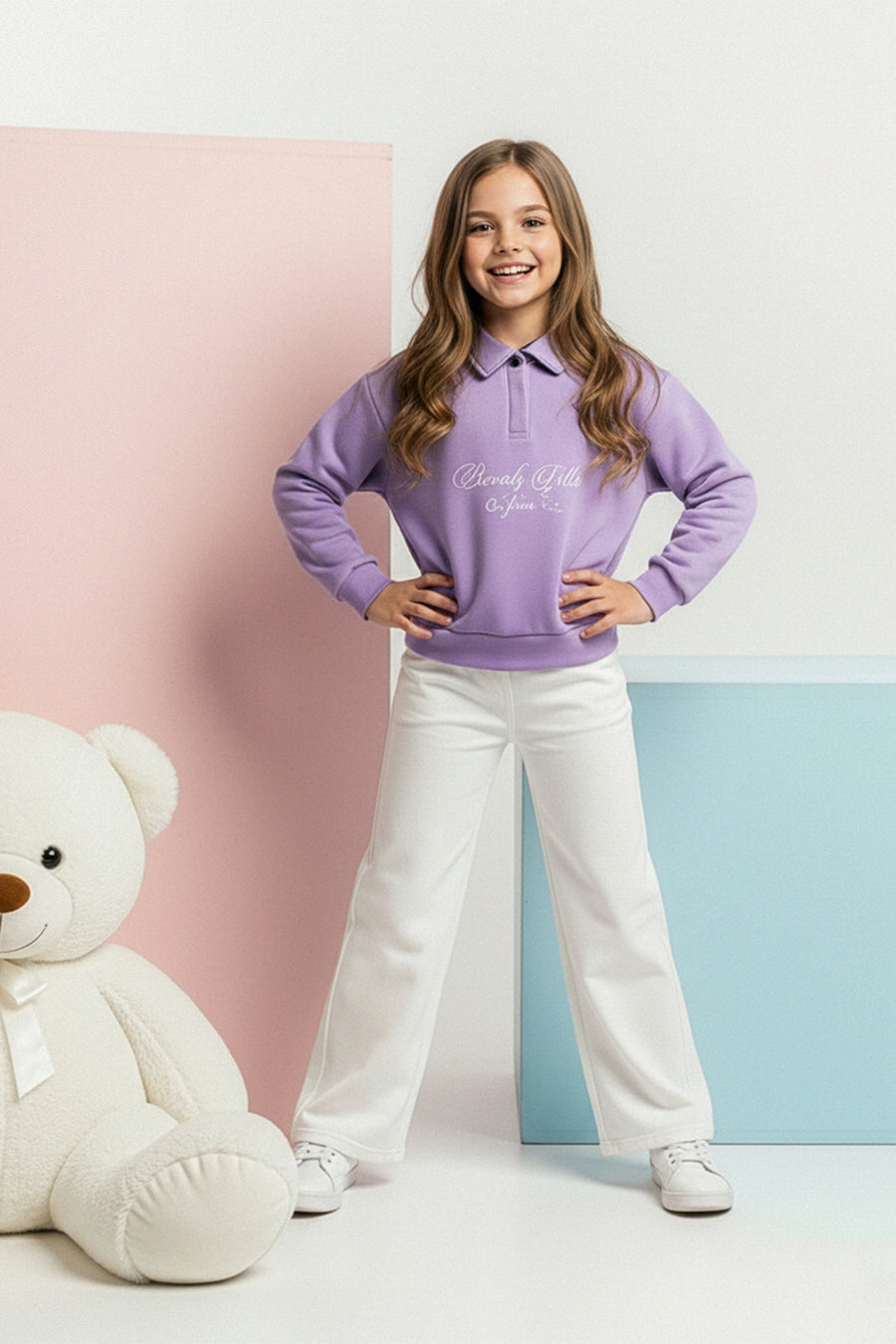 Girls' Lilac Slogan Polo-Collar Brushed Sweatshirt