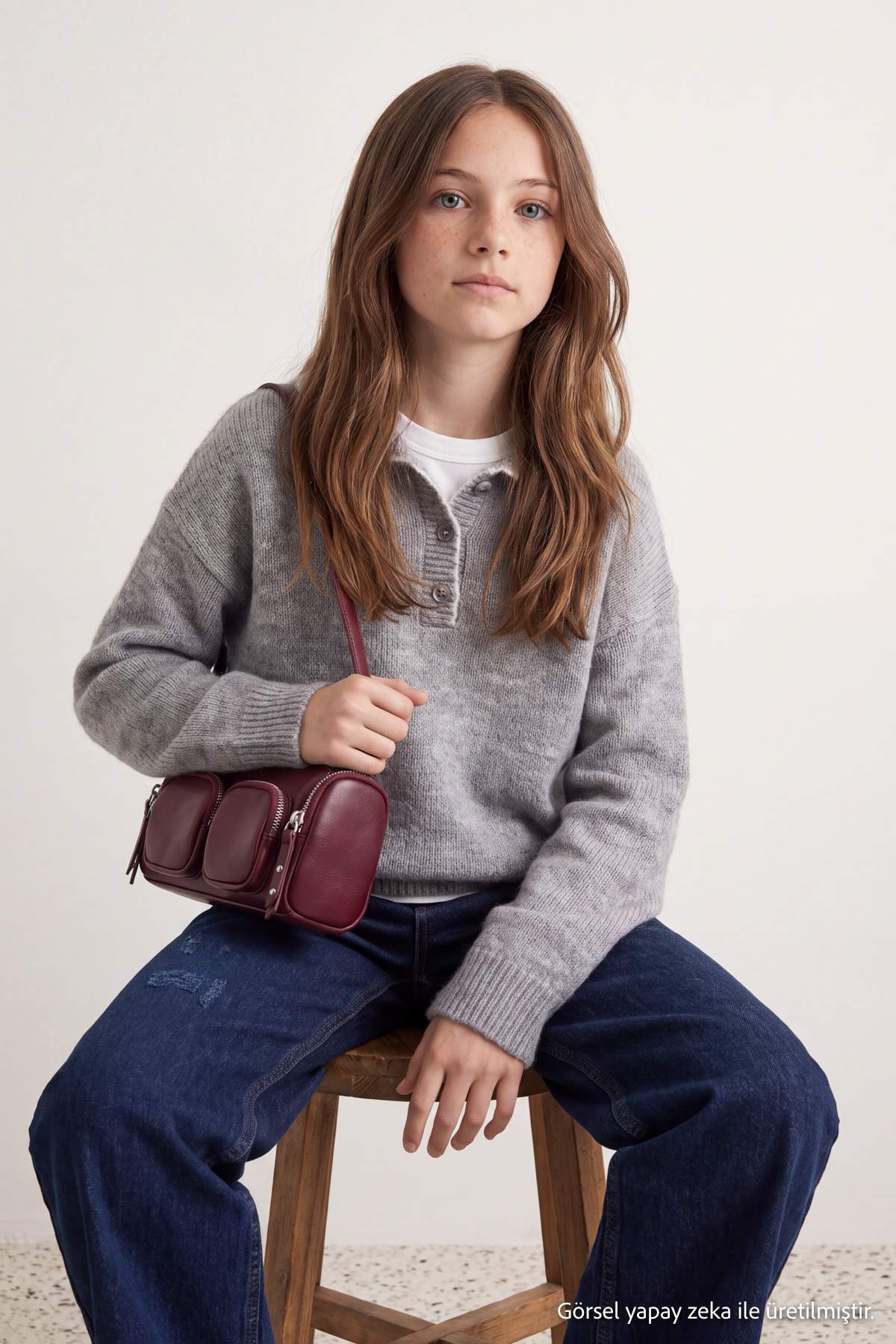 Girls' Grey Marl Polo-Collar Jumper