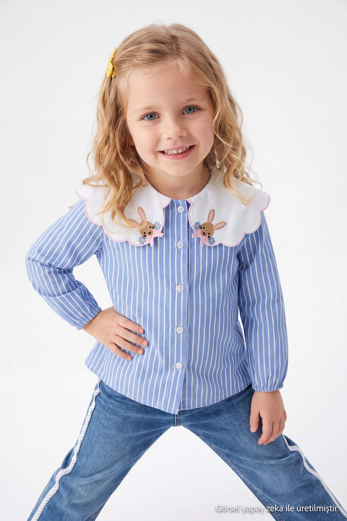 Girls' Blue Striped Bunny-Collar Shirt
