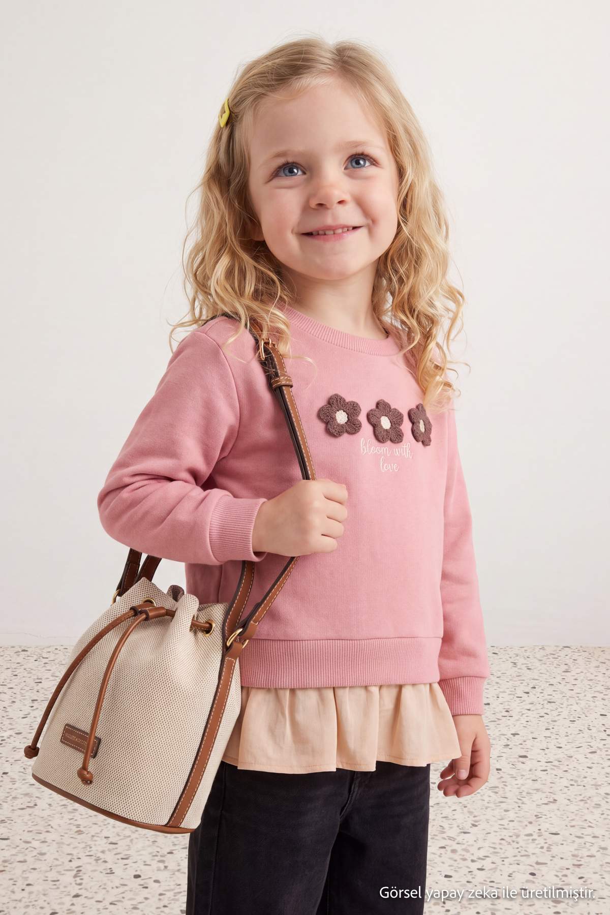 Girls' Powder Pink Embroidered Thick Sweatshirt