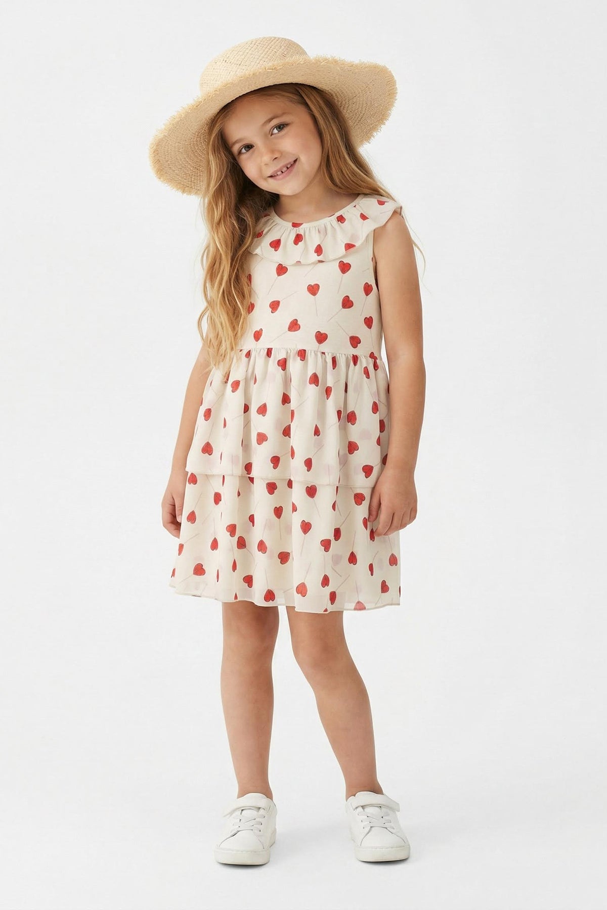 Girls' Ecru Heart-Print Short-Sleeve Mini Dress
