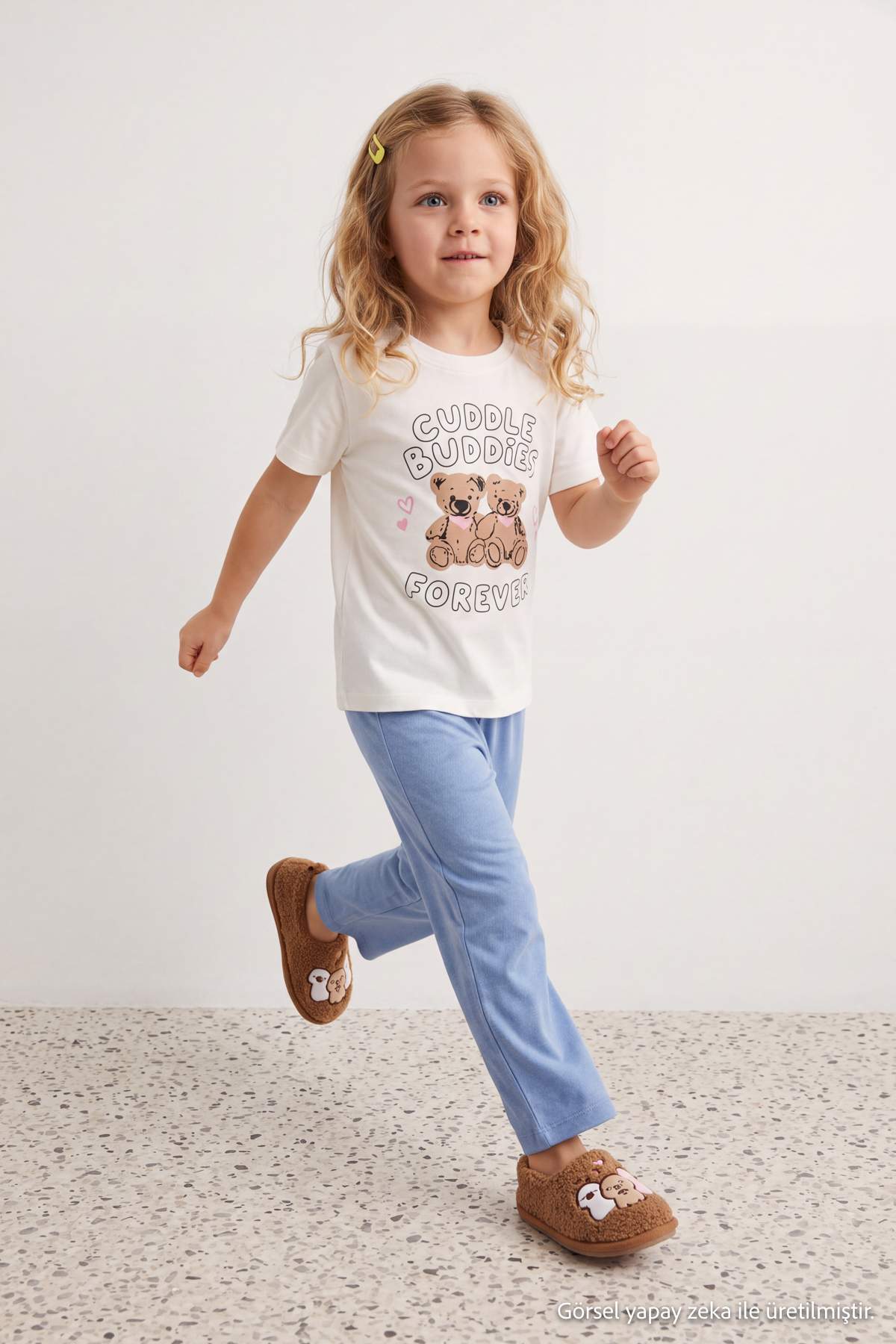 Girls' Ecru Teddy-Print Pyjama Set