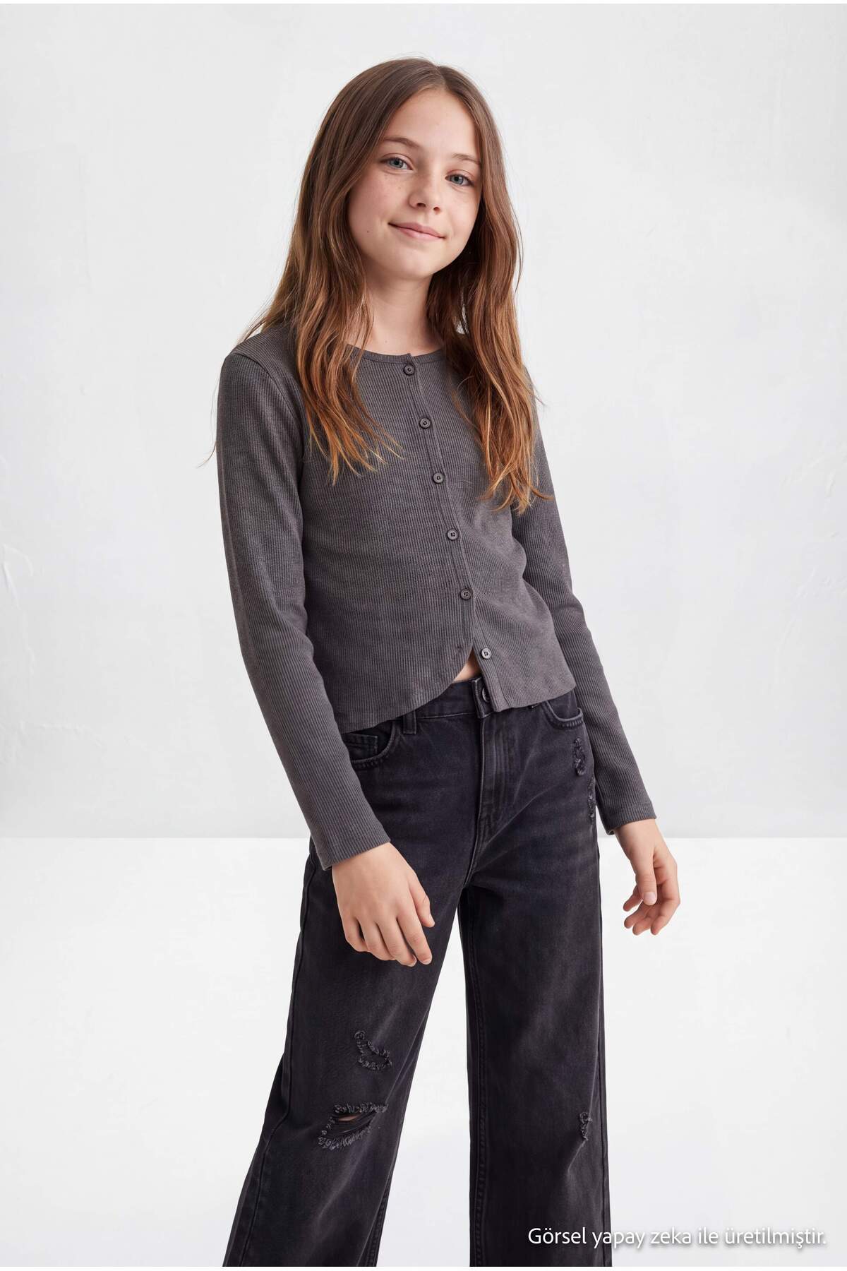 Girls' Anthracite Ribbed Stretch Button-Front Top