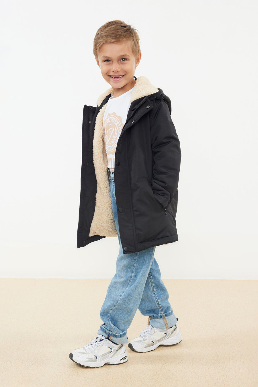 Boys' Black Fleece-Lined Hooded Coat