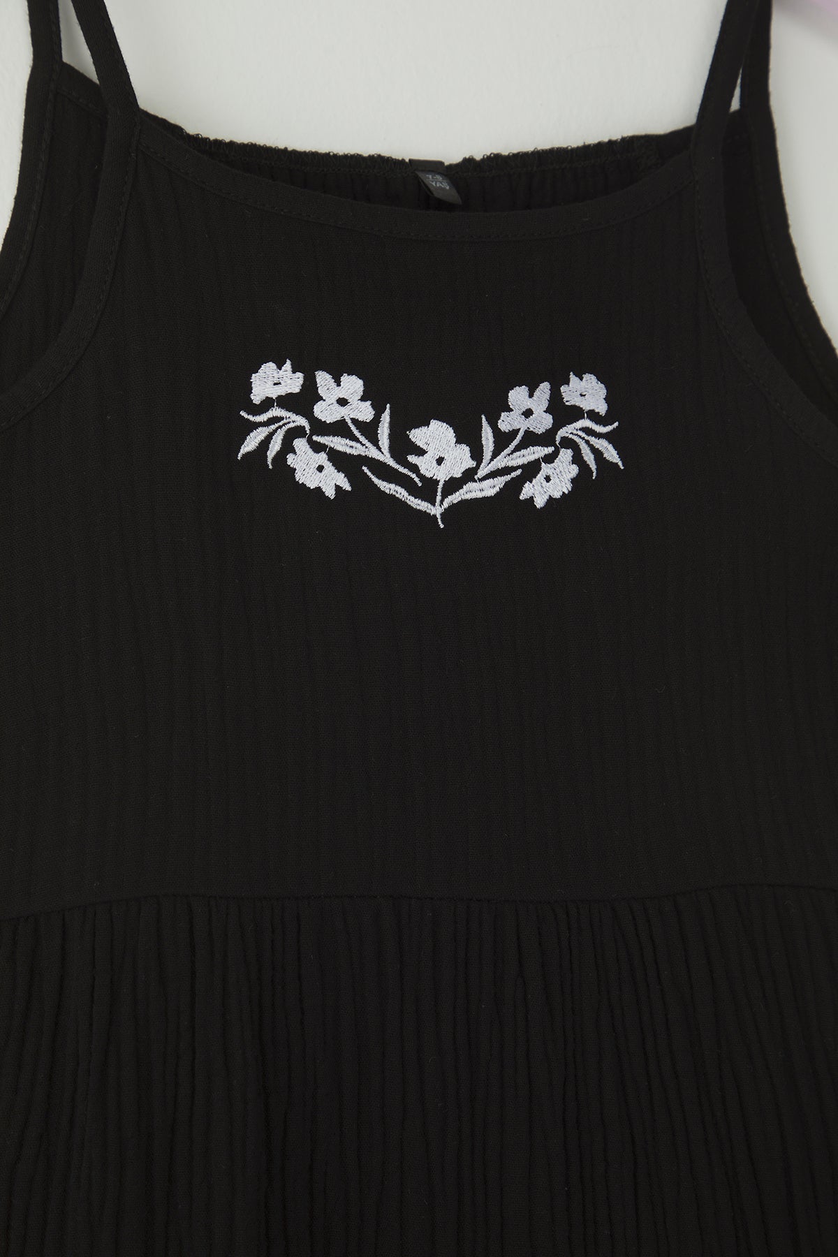 Girls' Black Embroidered Cotton Strappy Mini Dress