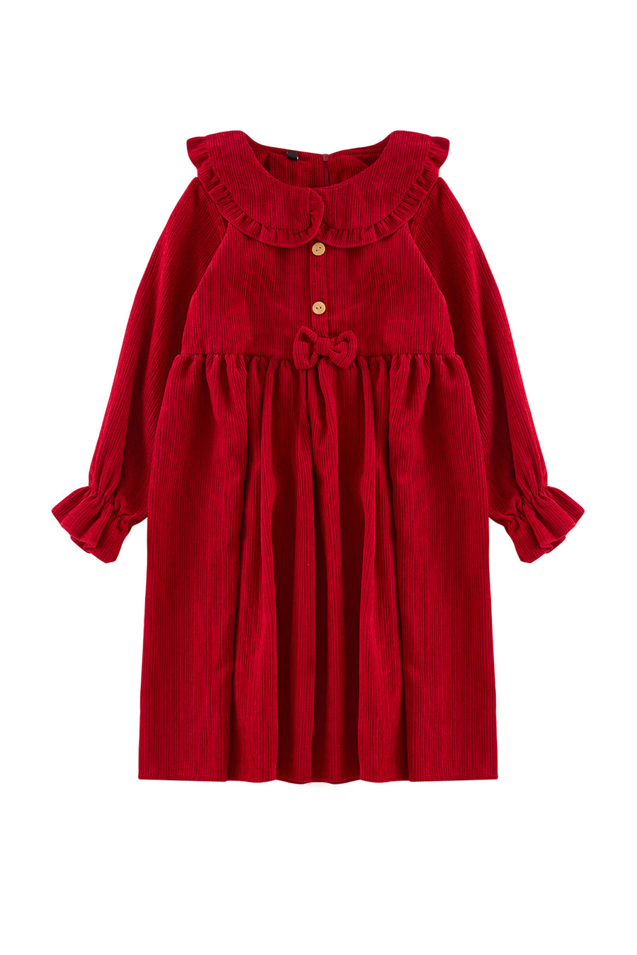 Girls' Red Cotton Velvet Peter Pan Collar Dress