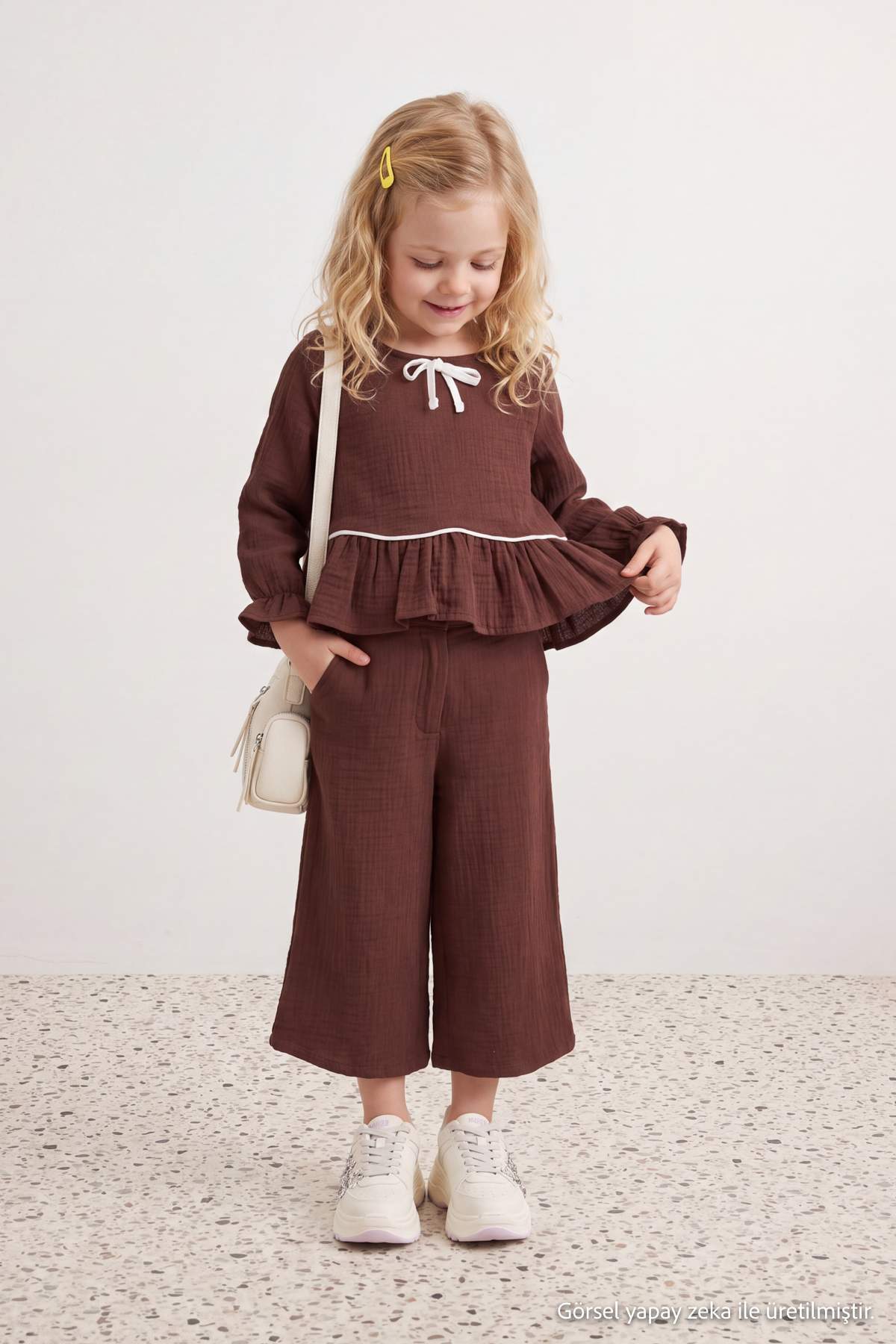 Girls' Burgundy Cotton Muslin Bow Shirt & Trousers Set