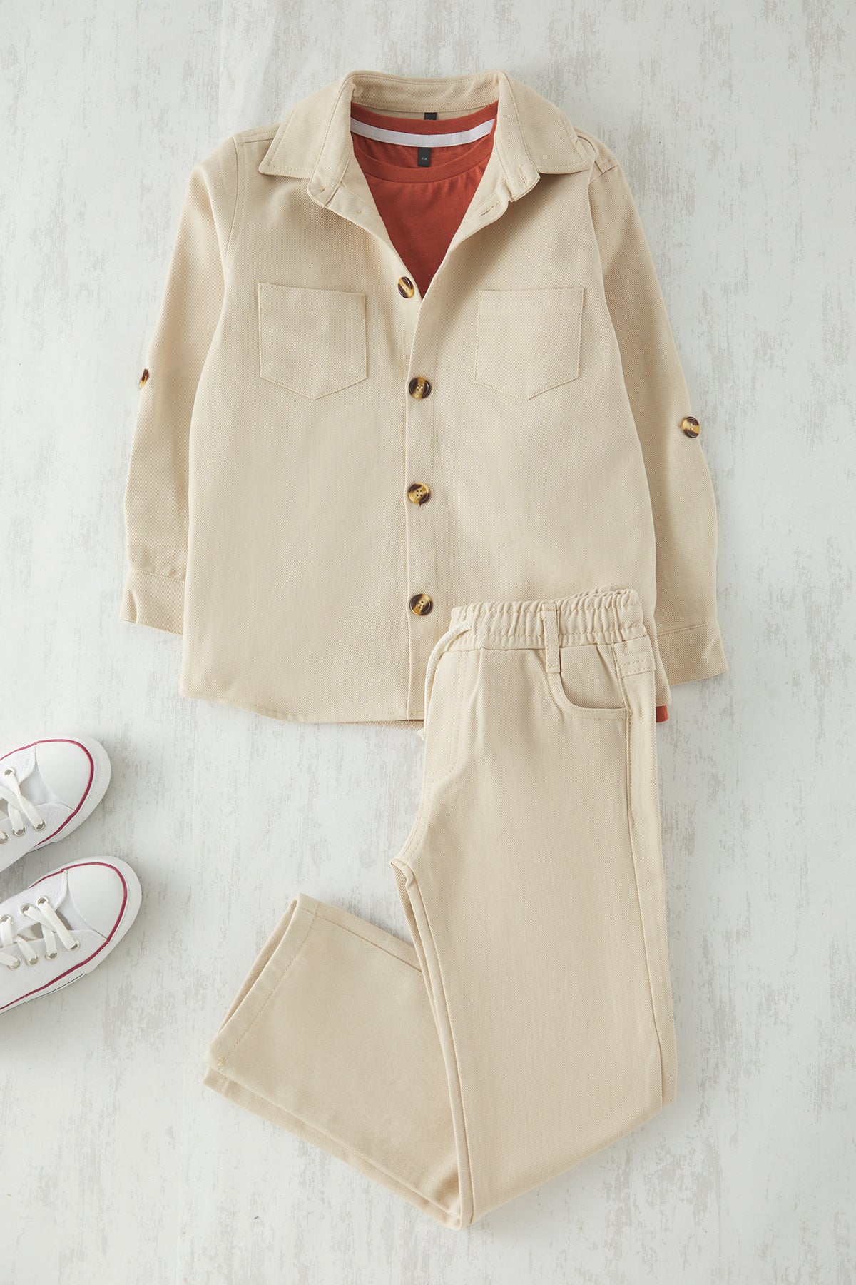 Boys' Beige Cotton Woven Two-Piece Set