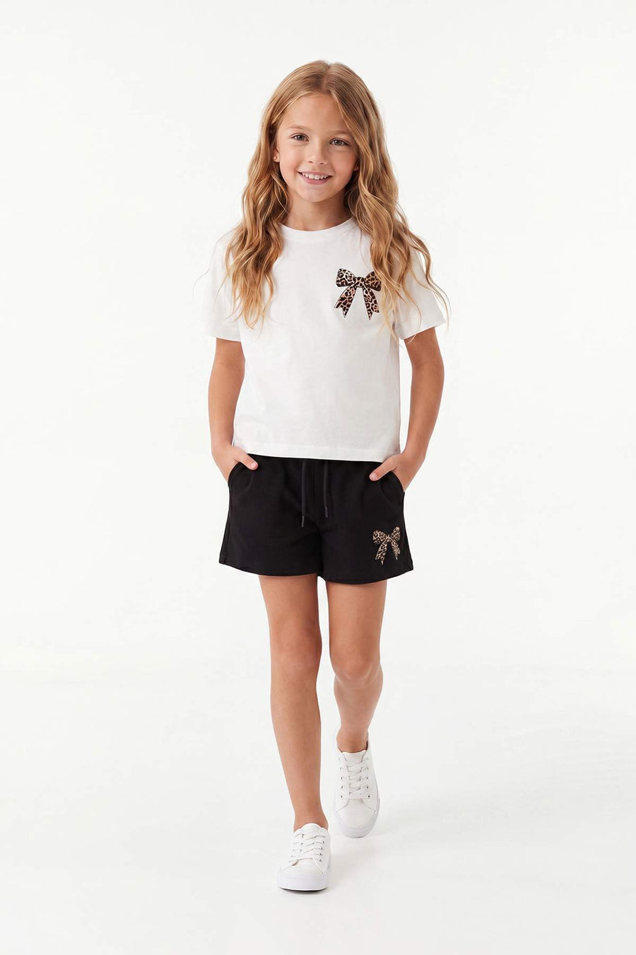 Girls' Ecru Bow-Print Cotton Two-Piece Set