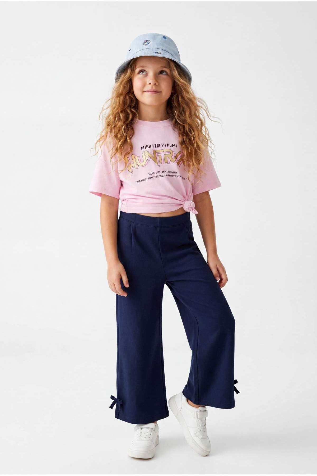 Girls' Navy Ribbon-Detail Knit Trousers