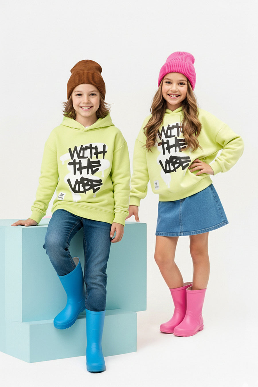 Kids' Yellow Printed Fleece-Lined Oversized Hoodie