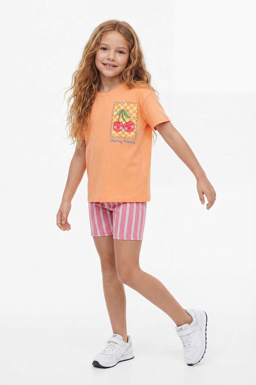 Girls' Salmon T-Shirt & Striped Shorts Set