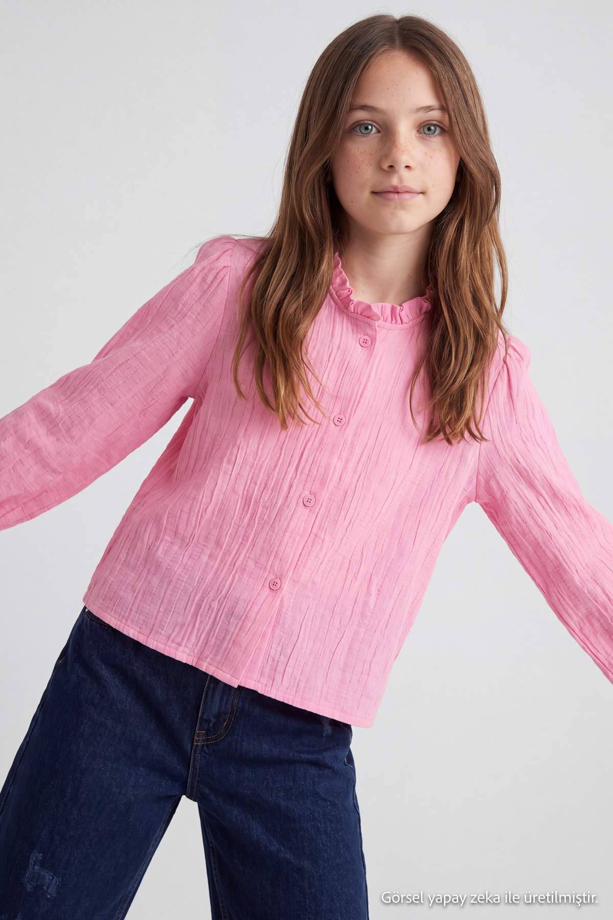 Girls' Pink Frilled Long-Sleeve Shirt