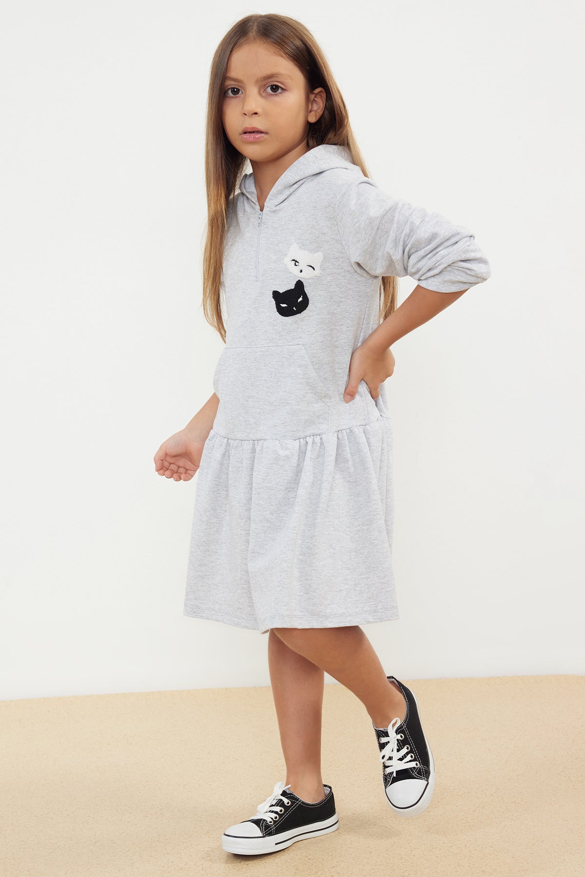 Girls' Grey Marl Hooded Cotton Sweat Dress