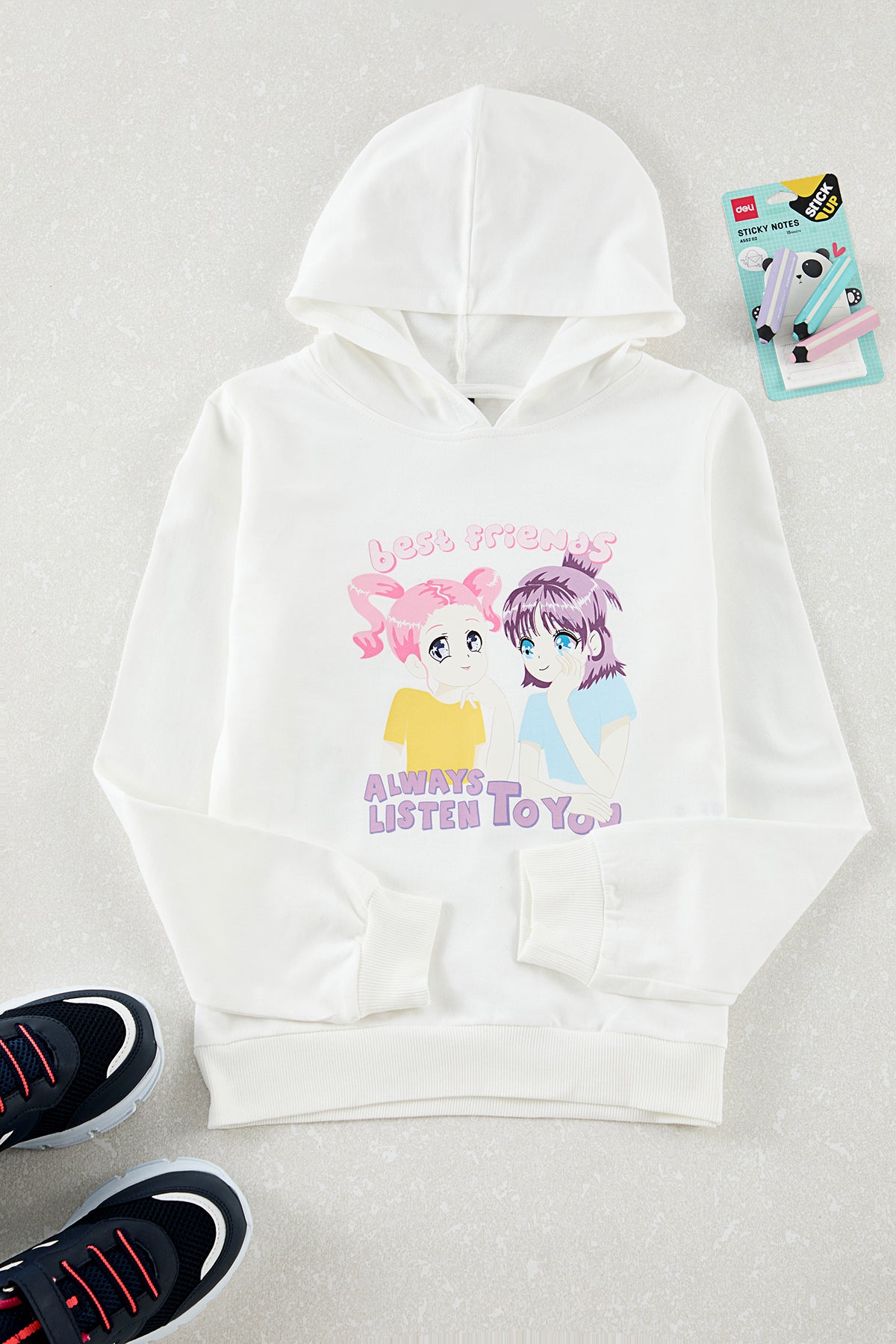 Girls' Ecru Printed Hoodie