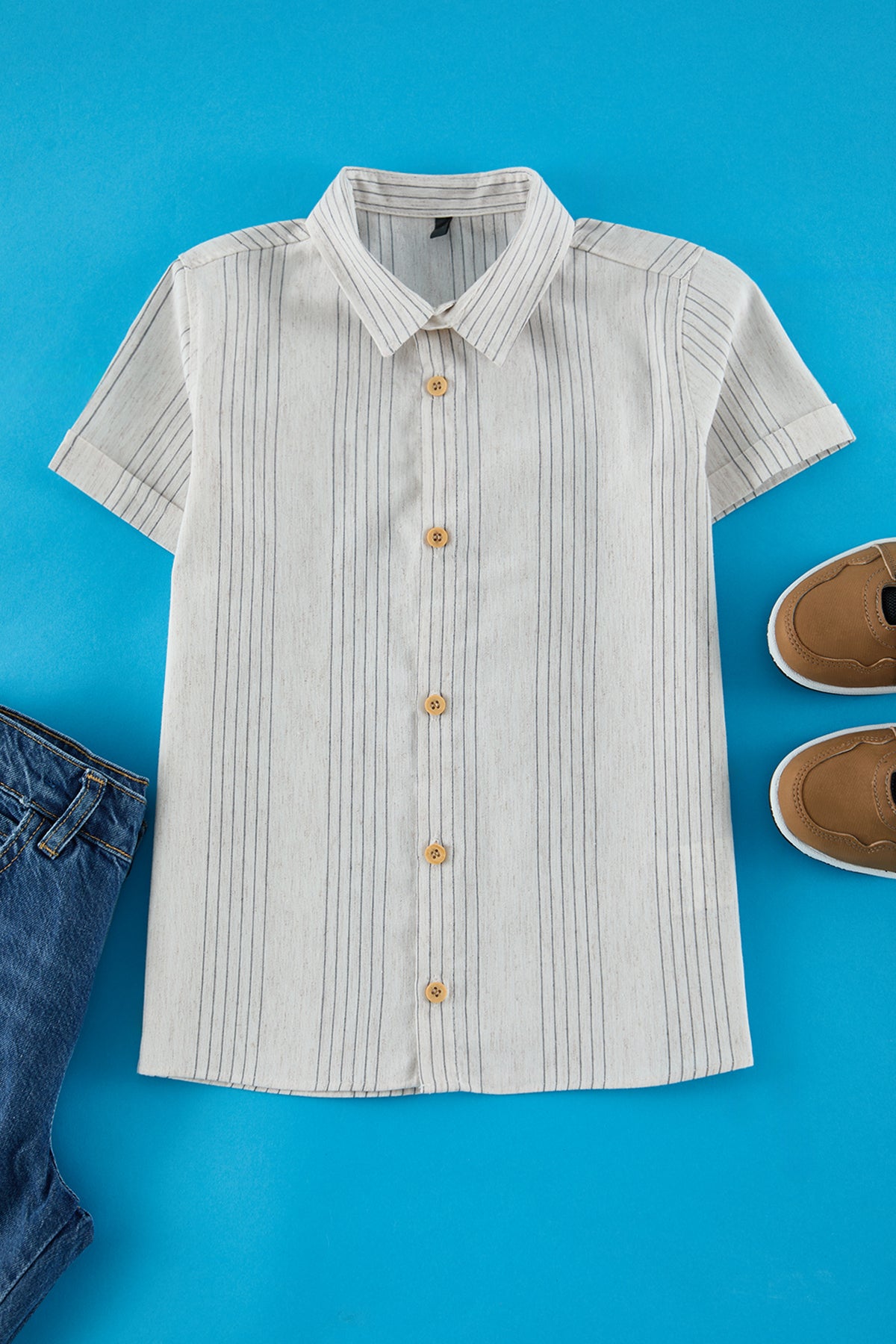Boys' Ecru Striped Cotton Short-Sleeve Shirt