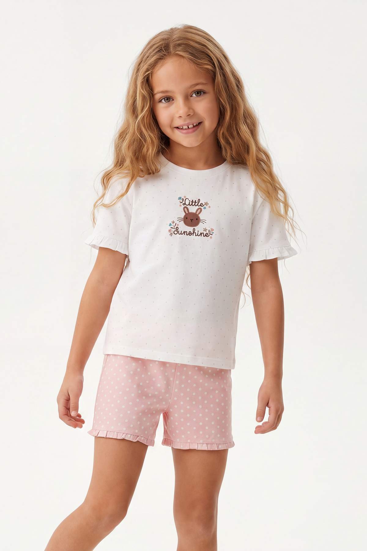 Girls' Ecru T-Shirt & Polka-Dot Ruffle Shorts Pyjama Set