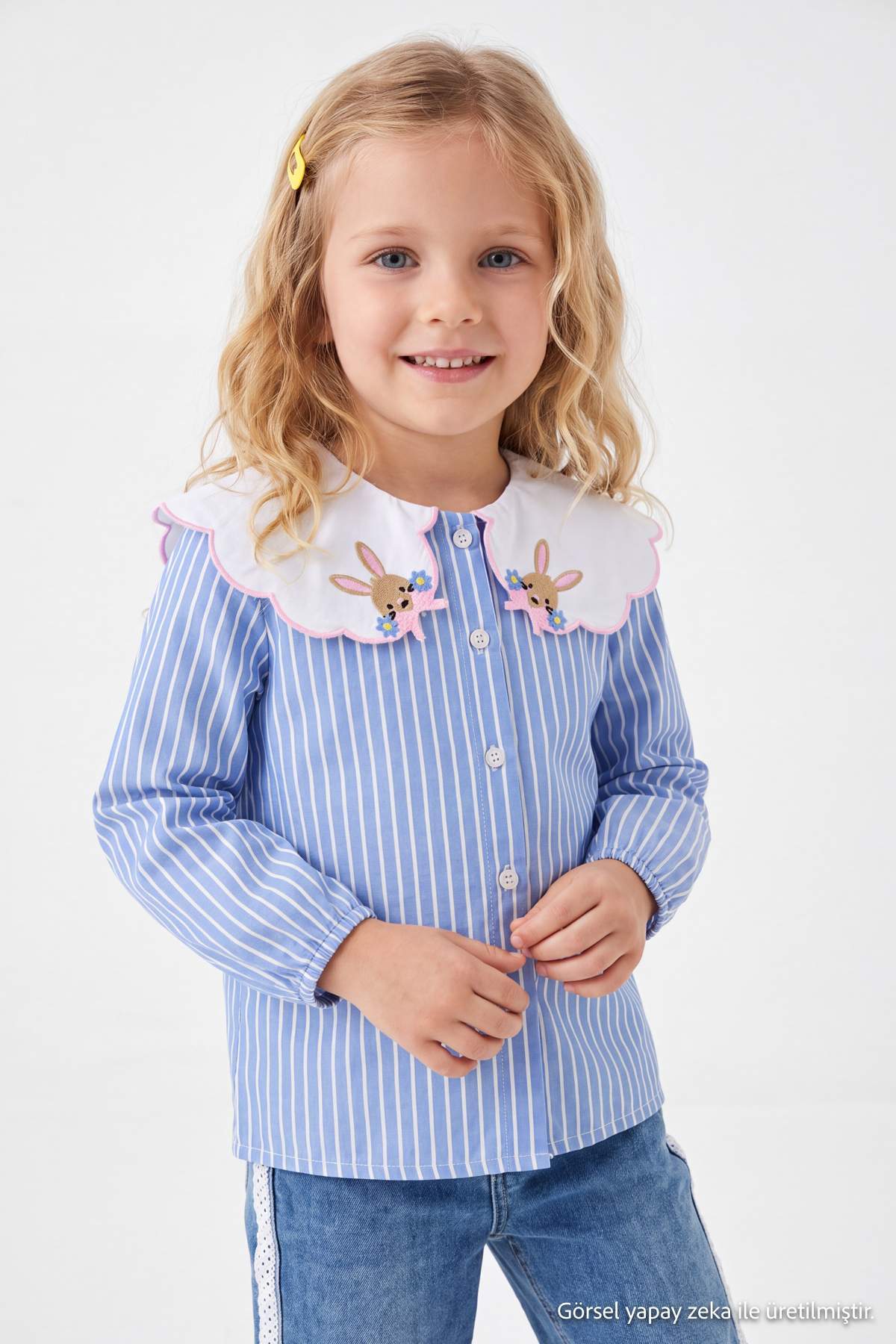 Girls' Blue Striped Bunny-Collar Shirt