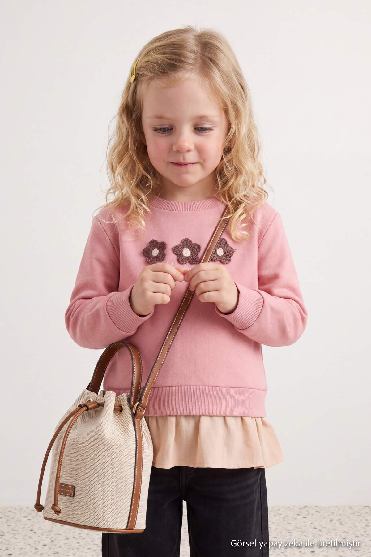 Girls' Powder Pink Embroidered Thick Sweatshirt