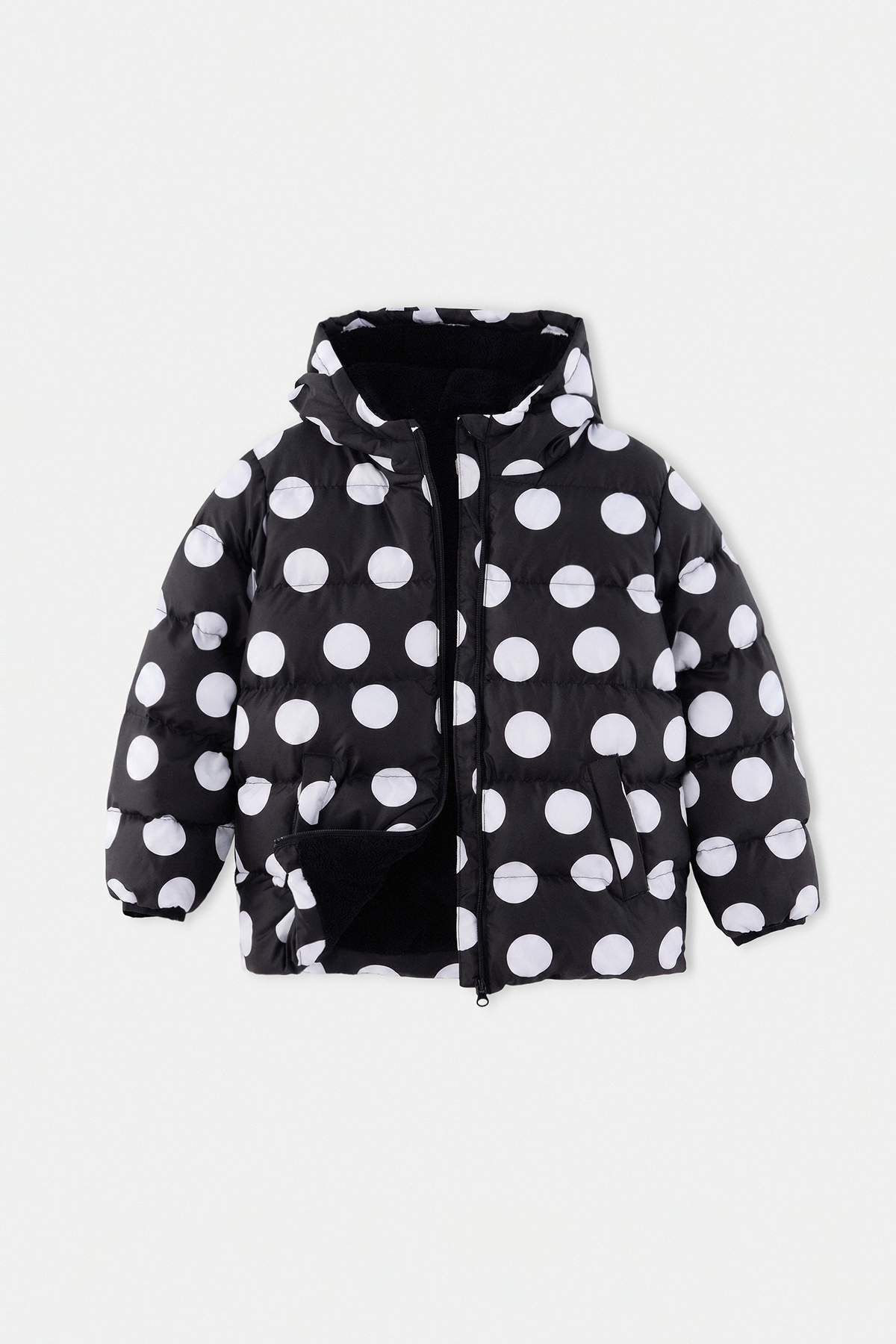 Girls' Black Polka-Dot Fleece-Lined Hooded Puffer Coat