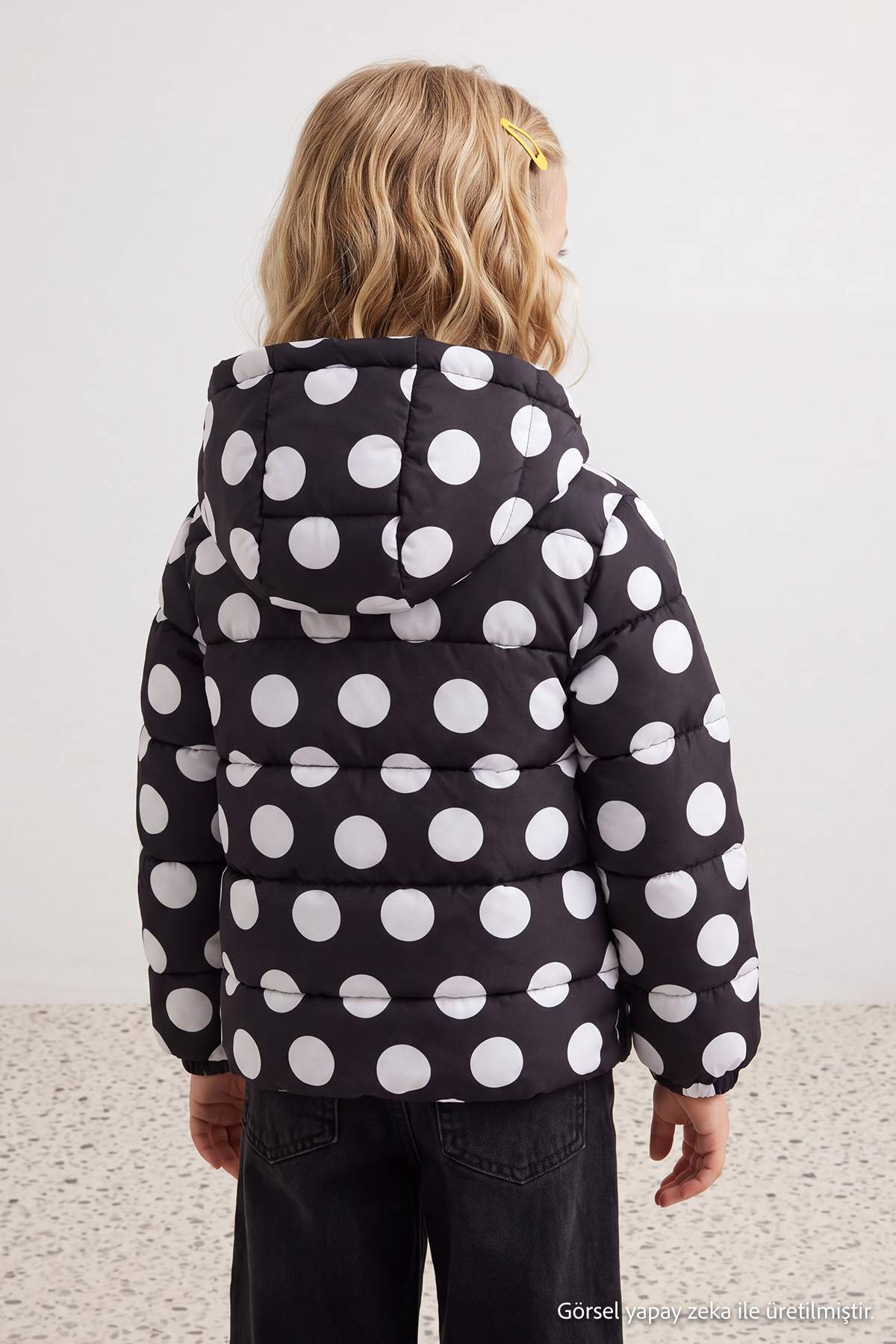 Girls' Black Polka-Dot Fleece-Lined Hooded Puffer Coat