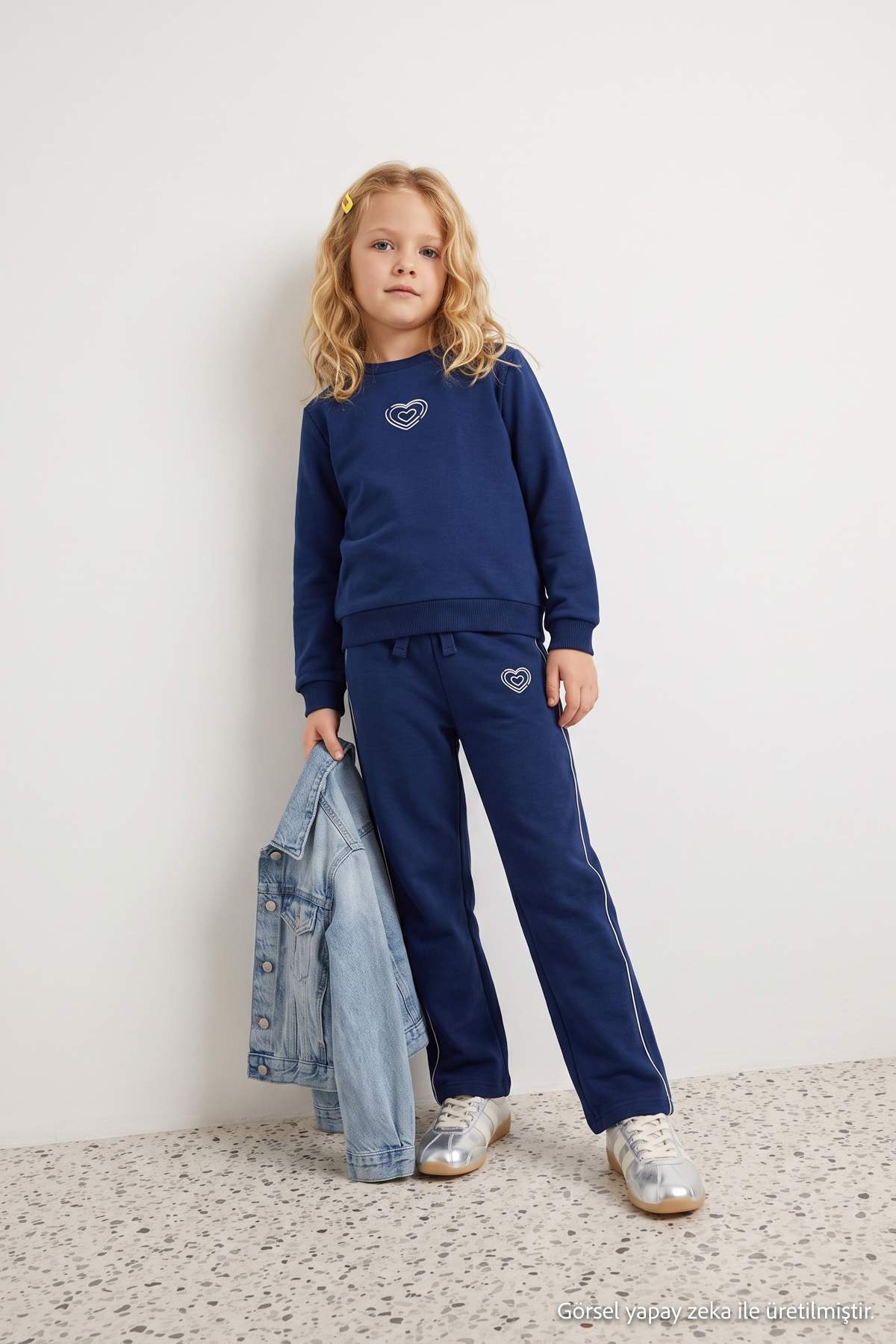 Girls' Navy Patterned Sweatshirt & Trousers Set