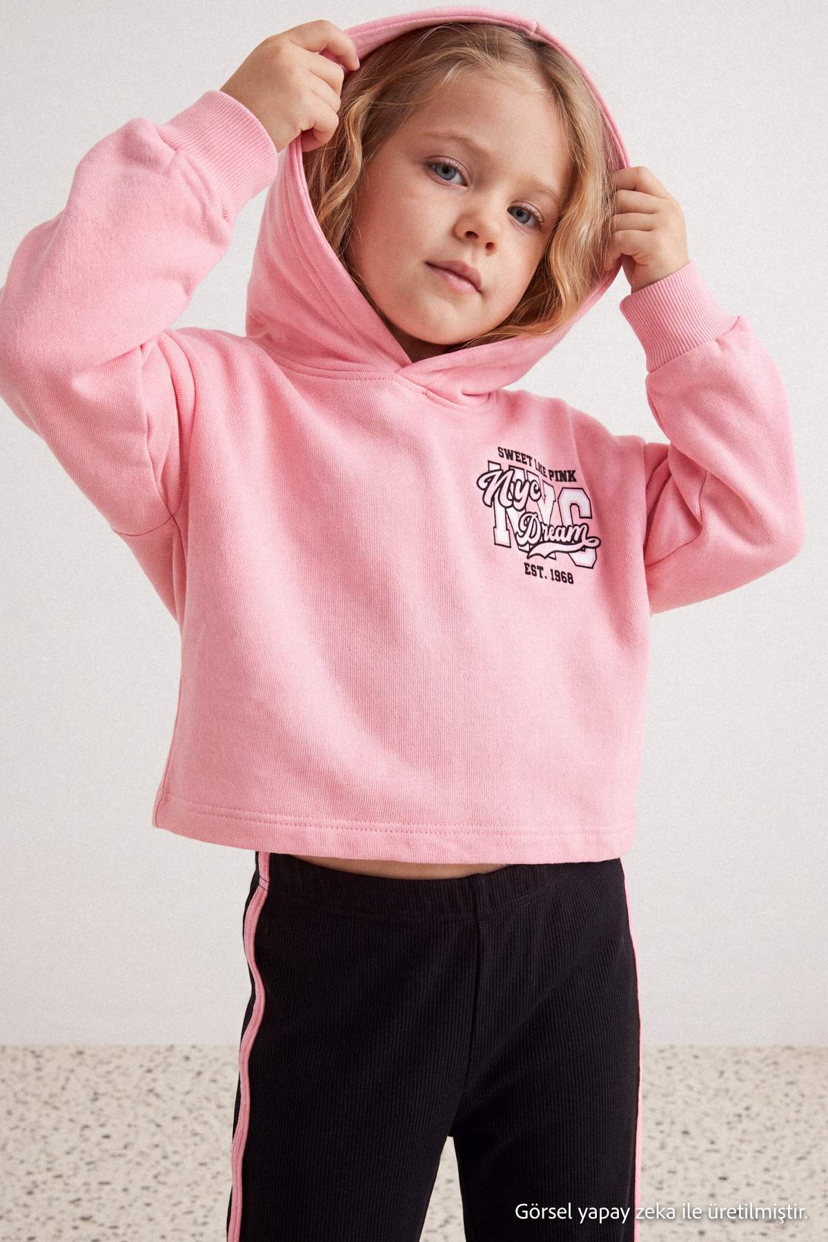 Girls' Pink Printed Thick Hoodie & Leggings Set