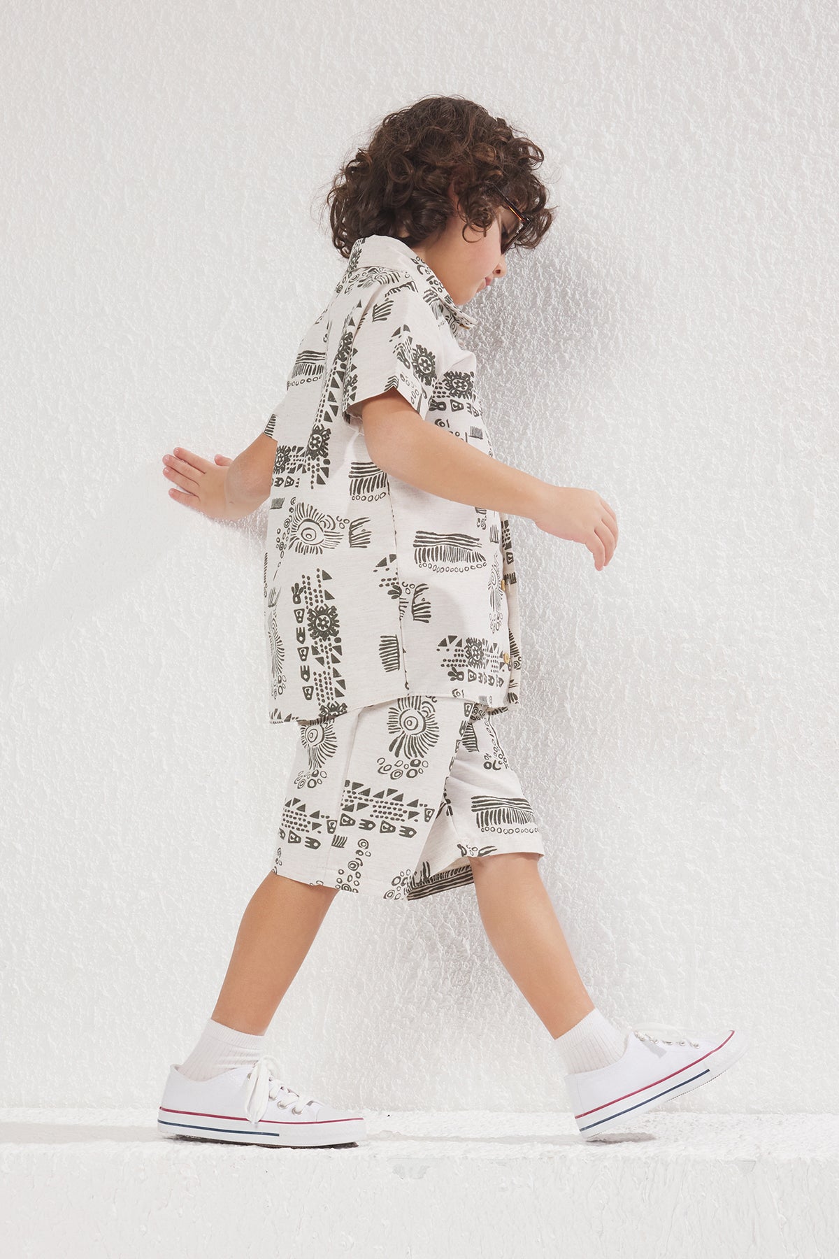 Boys' Beige Printed Woven Shirt & Shorts Set