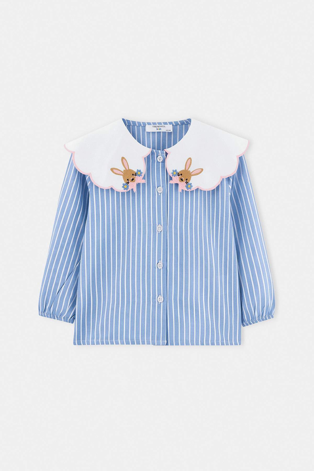 Girls' Blue Striped Bunny-Collar Shirt