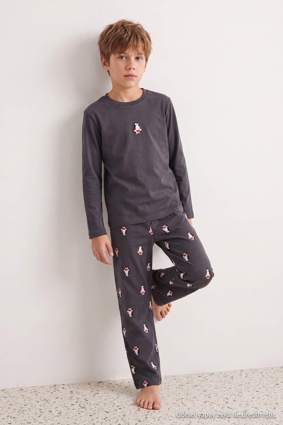 Boys' Anthracite Animal-Print Cotton Pyjama Set