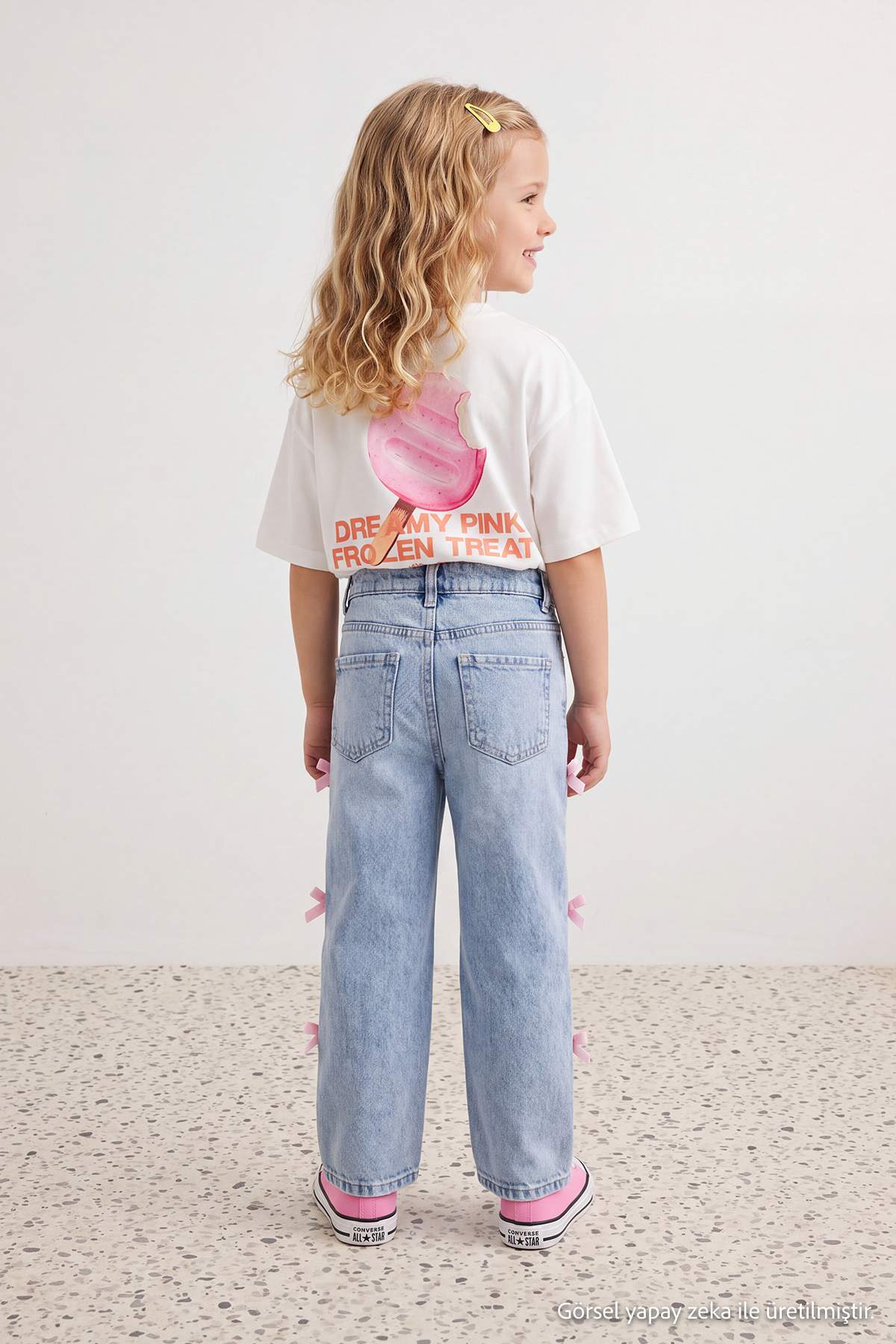 Girls' Mid-Blue Cotton Bow Wide-Leg Jeans