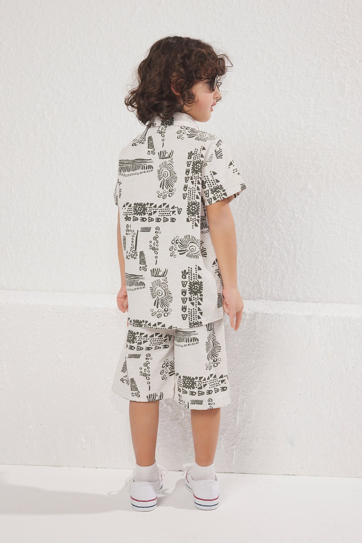 Boys' Beige Printed Woven Shirt & Shorts Set