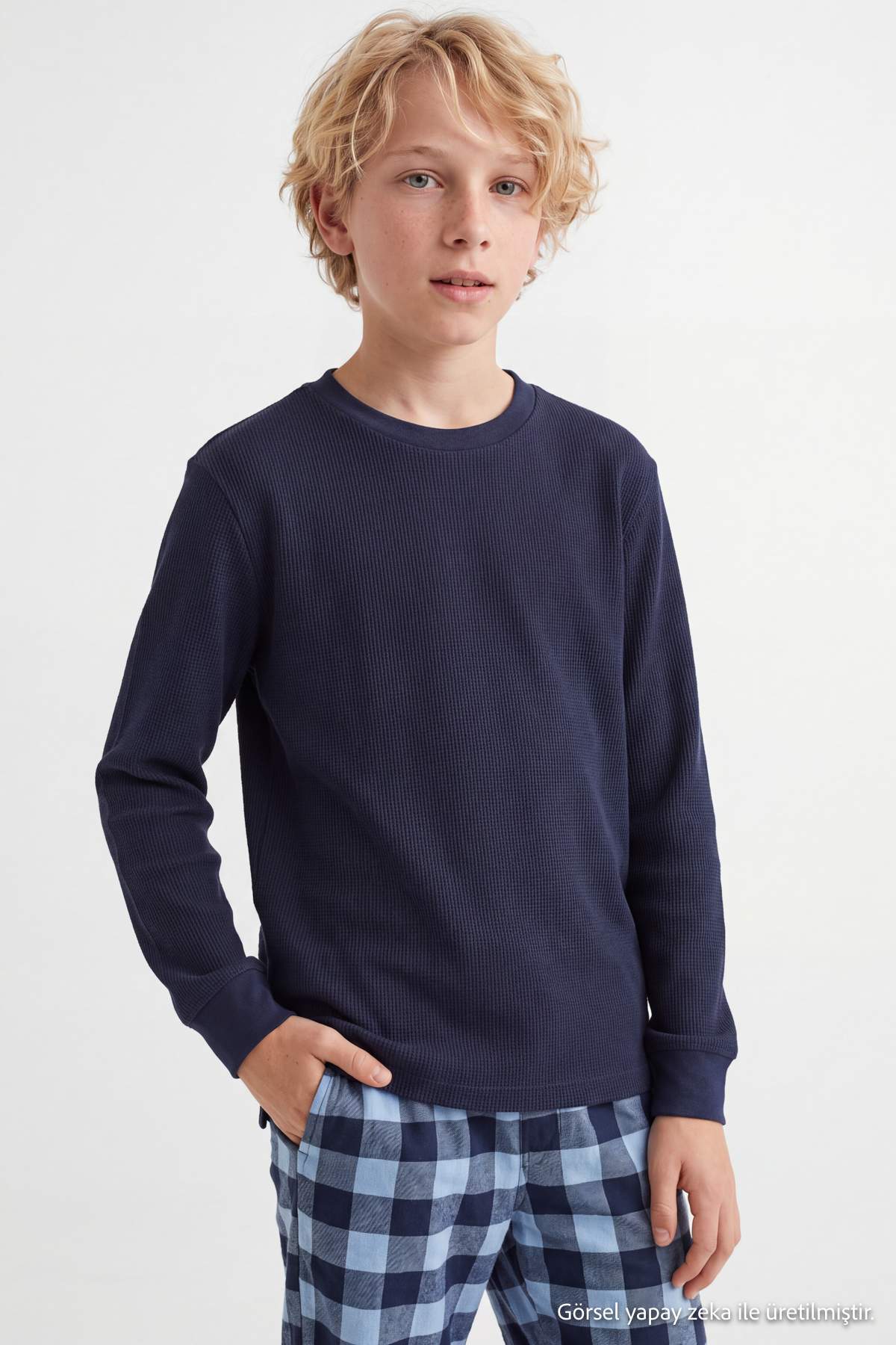 Boys' Navy Top & Checked Trousers Pyjama Set