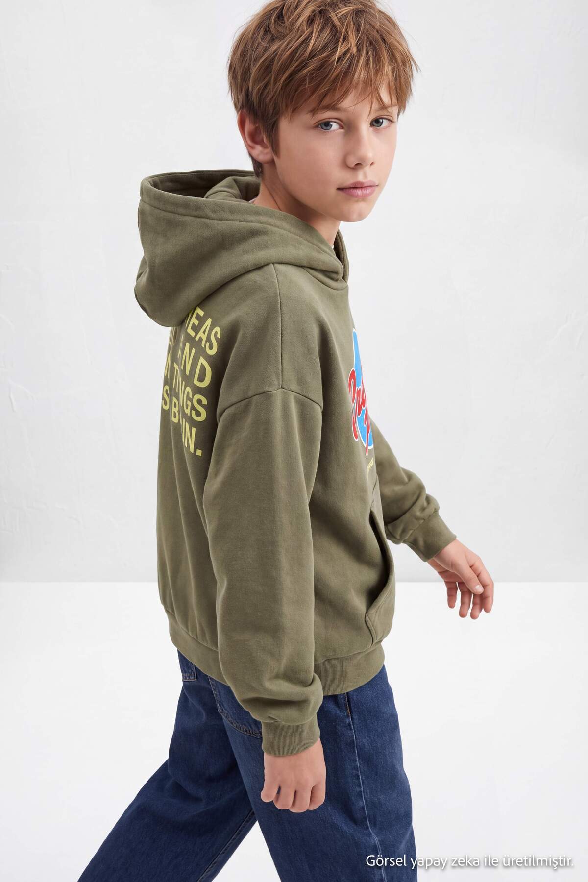 Boys' Khaki Printed Hooded Sweatshirt