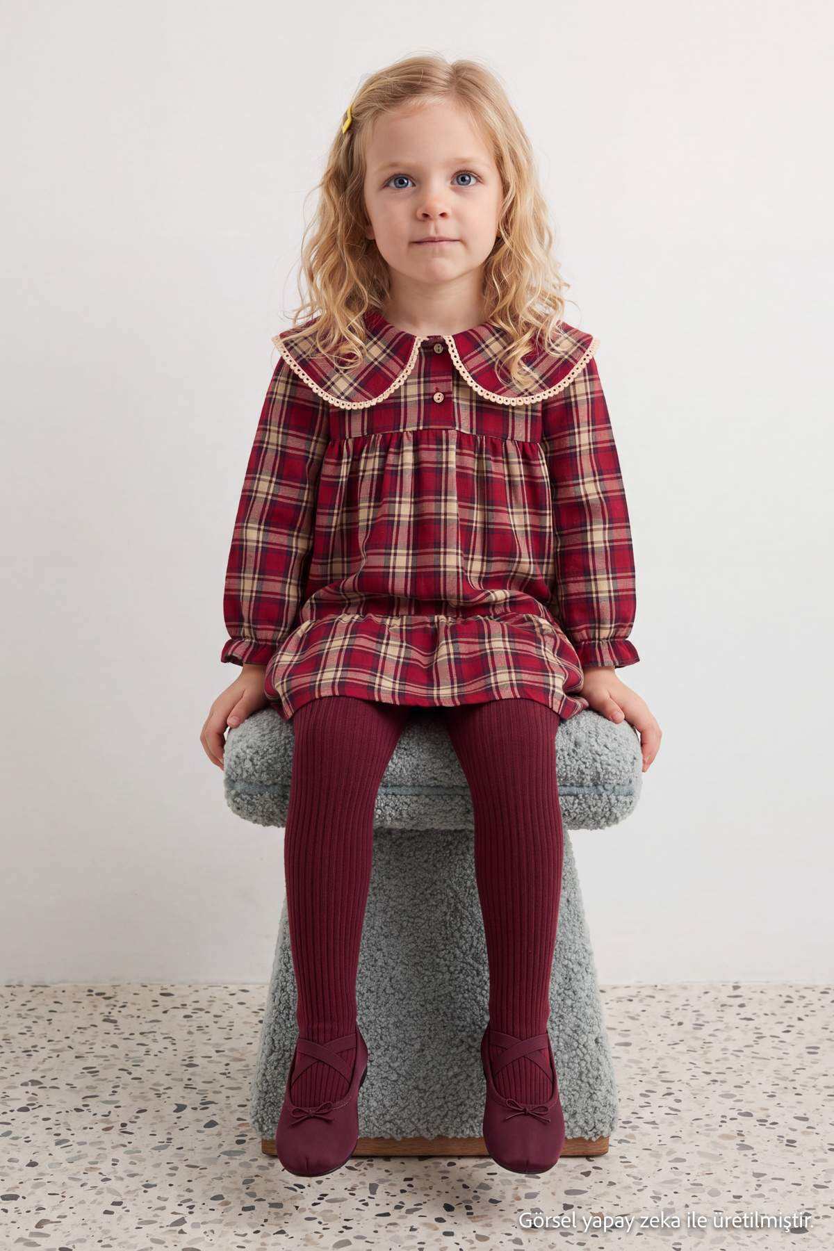 Girls' Burgundy Plaid Collared Dress