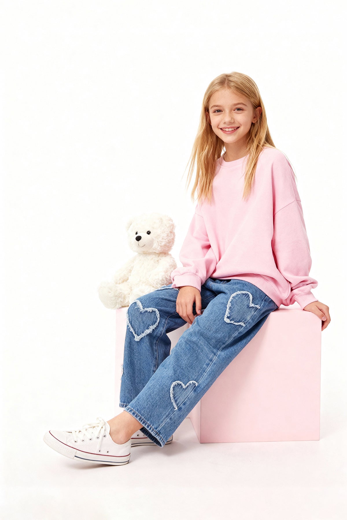Girls' Blue Star-Print Wide-Leg Denim Trousers