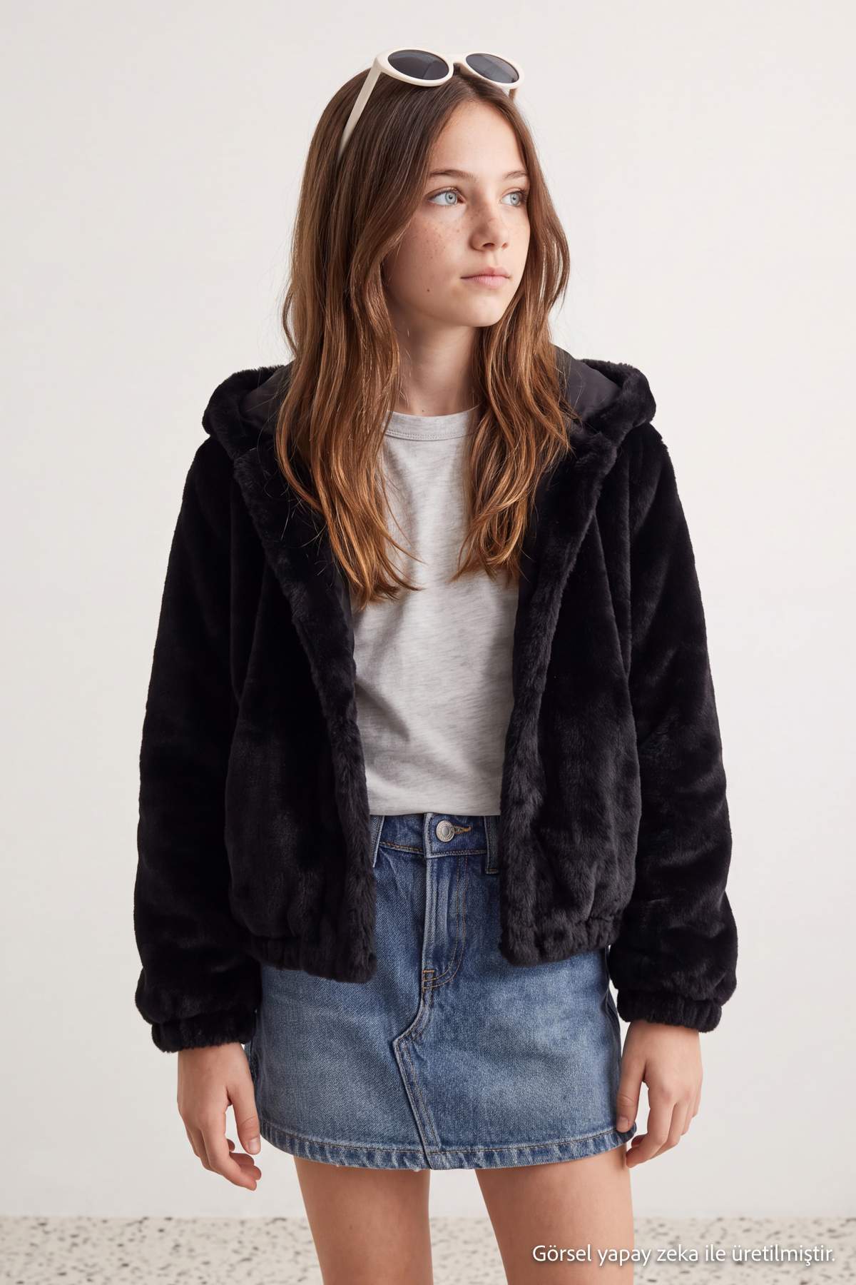 Girls' Black Hooded Plush Jacket