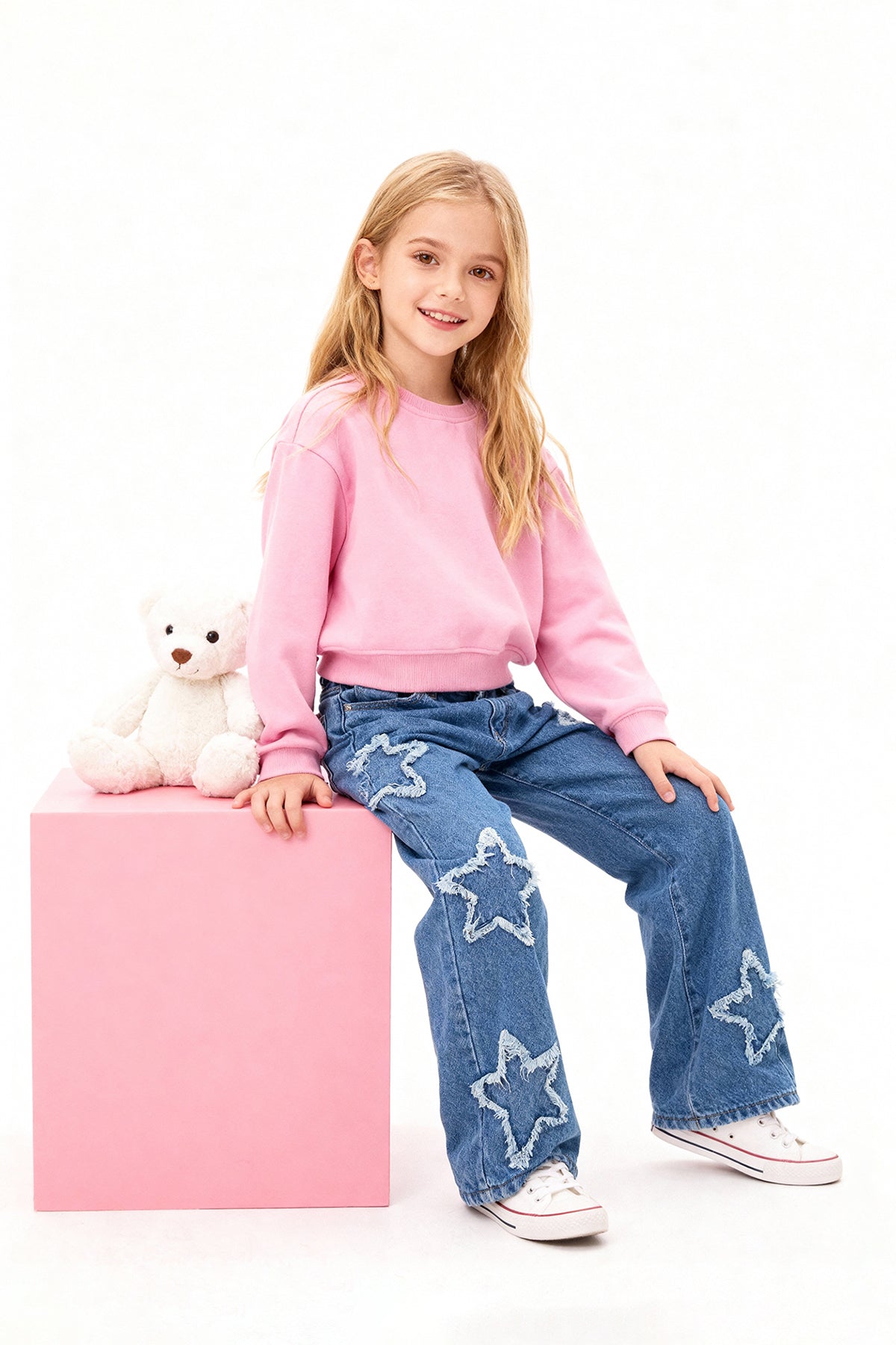 Girls' Blue Star-Print Wide-Leg Denim Trousers